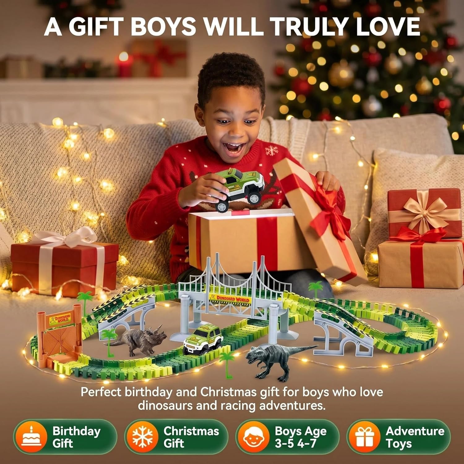 Thumbnail 6 de Dinosaur Race Track Toys for Boys 3-5: Flexible Bridge Car Track Set with 2 Cars and Dinosaur Figures