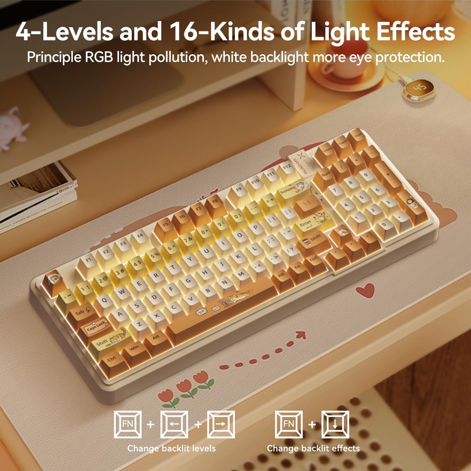 Detalle de AUSDOM 98Pro-Yellow Cat Theme Wireless Mechanical Keyboard, 97-Key