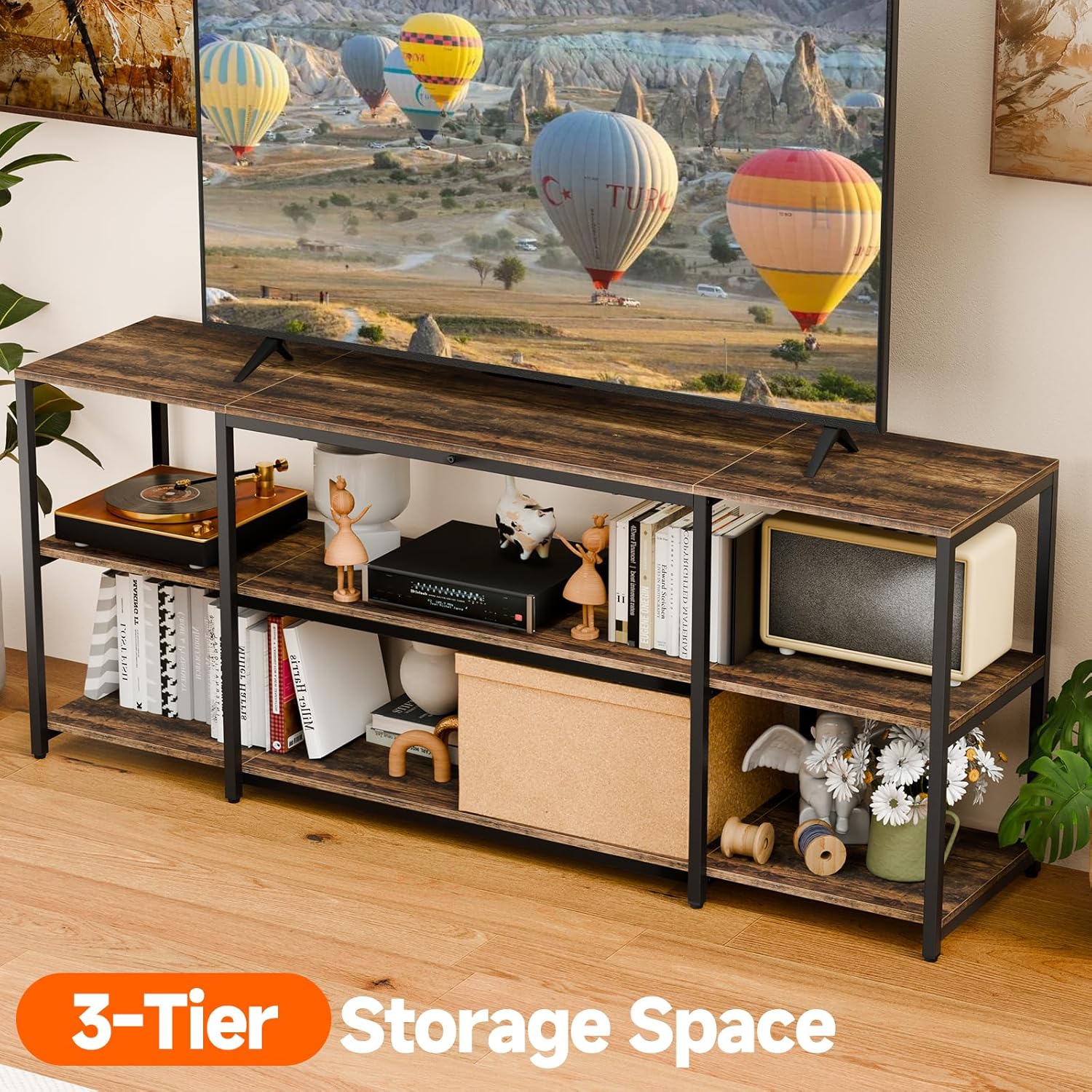 Detalle de Aquzee TV Stand for 65 Inch TV – Rustic 58.3" Wide Entertainment Center with Open Storage