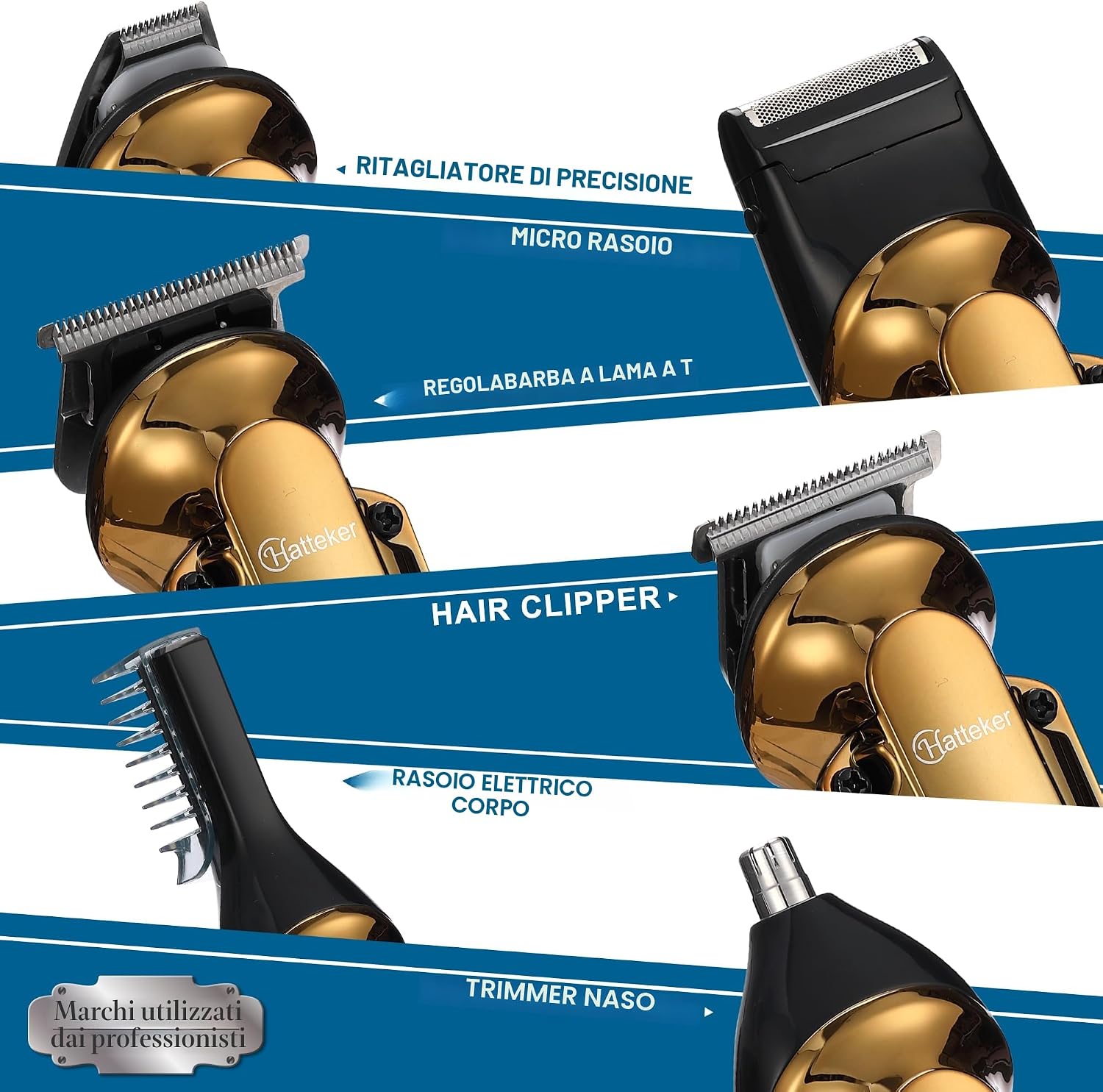Detalle 2 de Hatteker 6-in-1 Kit Professionale: Trimmer T-blade Zero Gap, Tagliacapelli e Grooming completo per Uomo