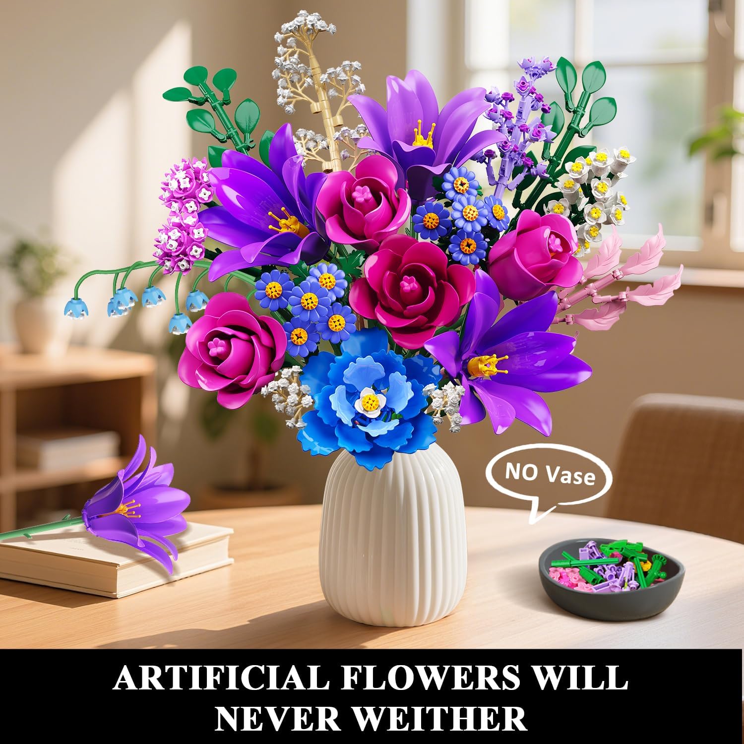 Thumbnail 2 de CUBIMANA Mother’s Day Flowers Bouquet Building Set with LED Light (Purple) – 1054PCS, 21 Flower Botanical Collection