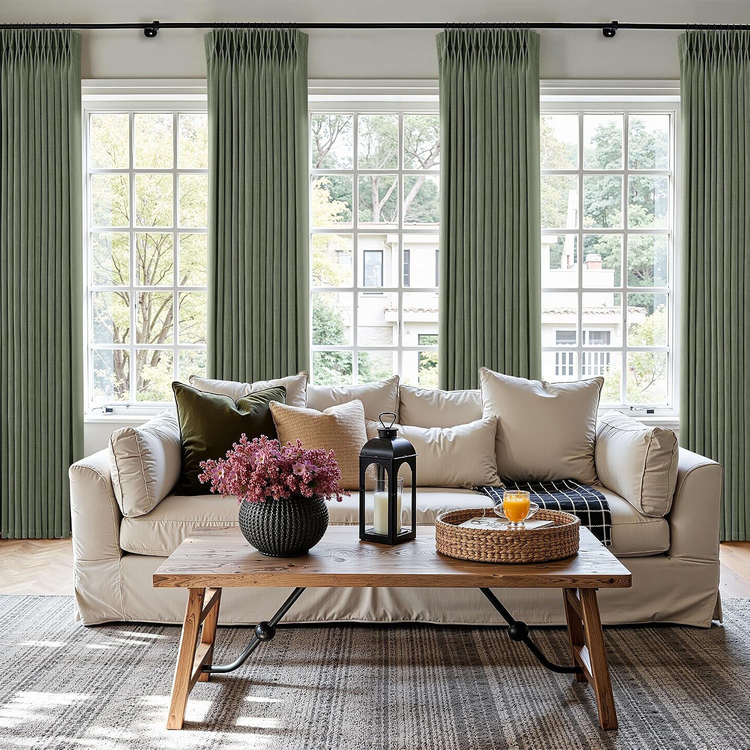 Detalle de COMON HOME Sage Green Pinch Pleated Linen Curtain (102 Inches) with Rings, Hooks, Clips, Back Tab – Light Filtering, Boho Farmhouse Style