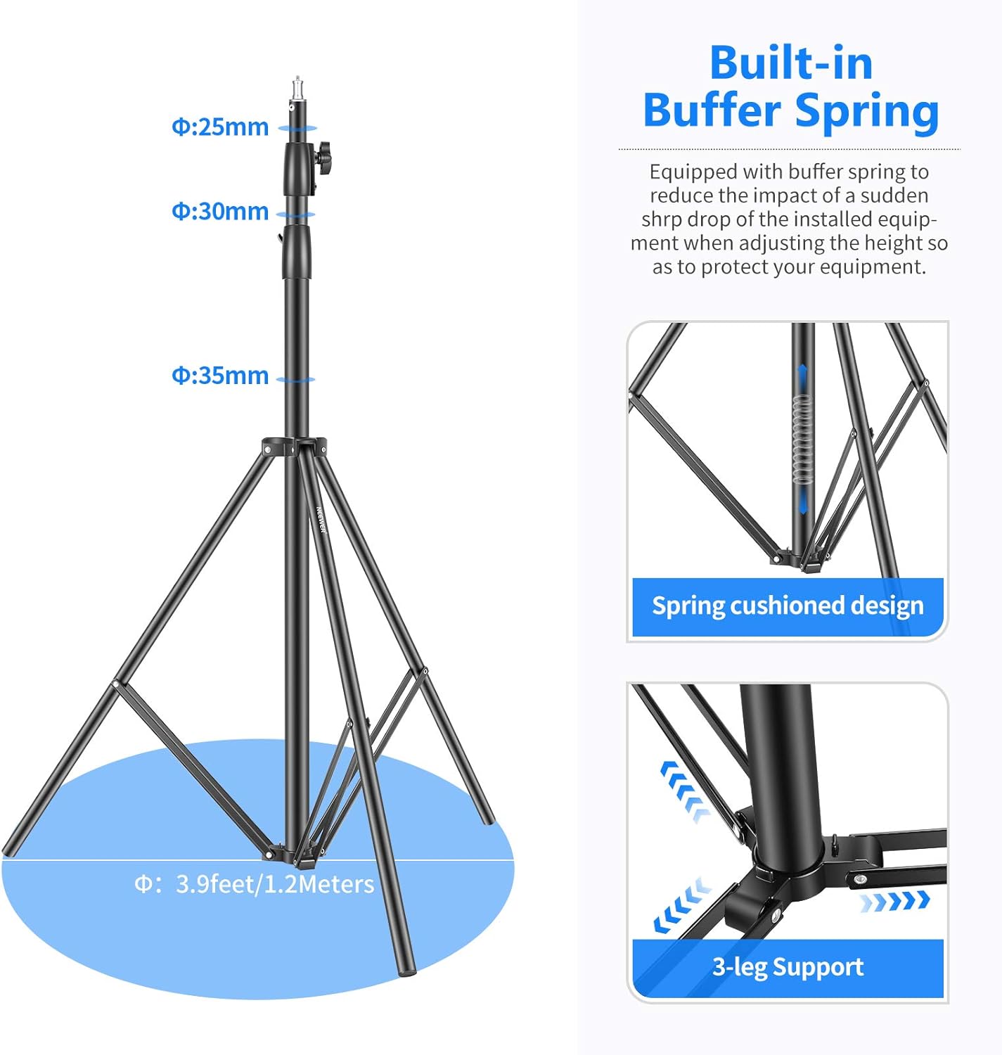 Thumbnail 3 de NEEWER Hochleistungs-Lichtstativ (3 m) mit Federdämpfung, Metall, verstellbar bis 8 kg – 1/4"-Schraubanschluss, schwarz