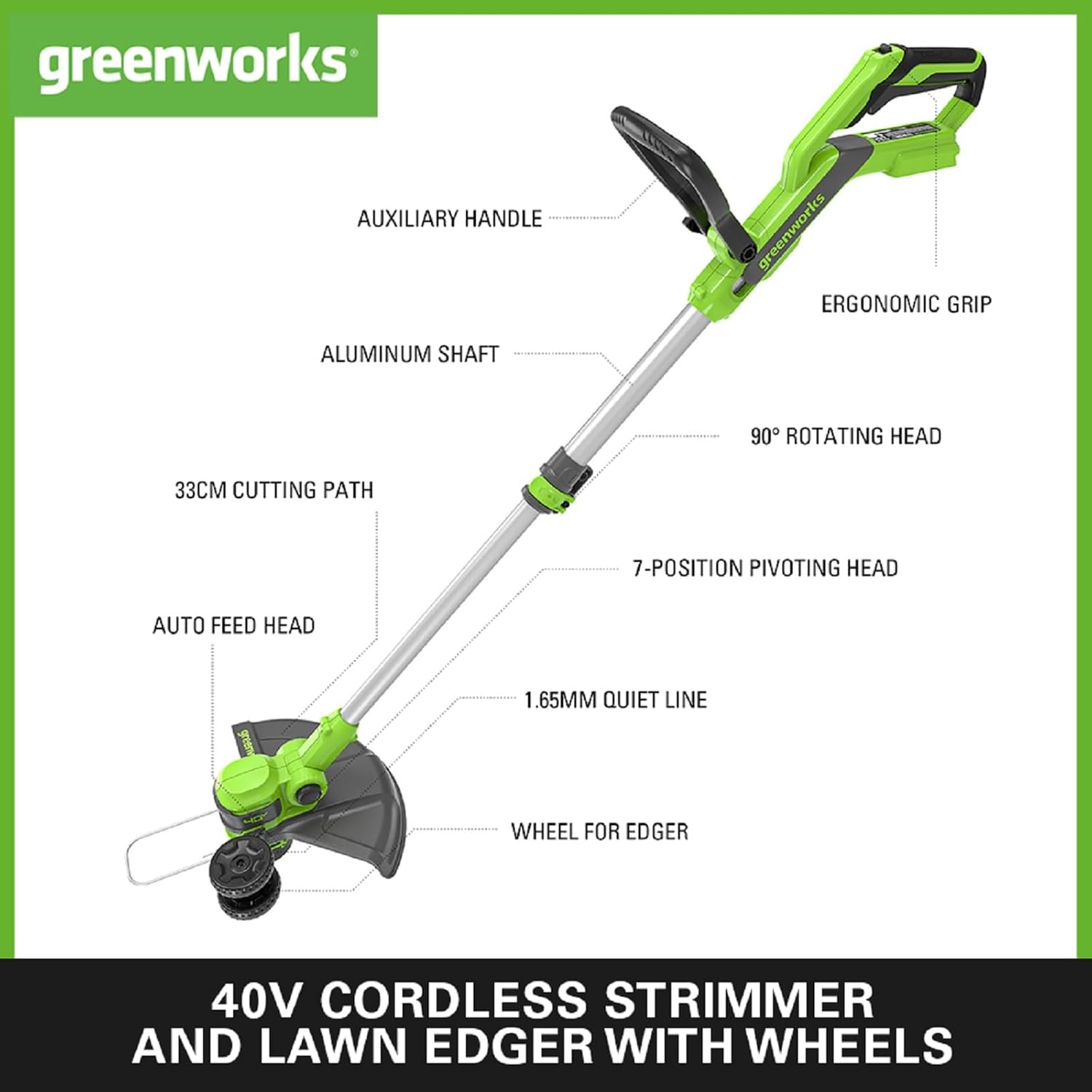Detalle de Greenworks 40V Cordless Strimmer Lawn Edger (G40LT33) with Wheel, 33cm Cutting Width