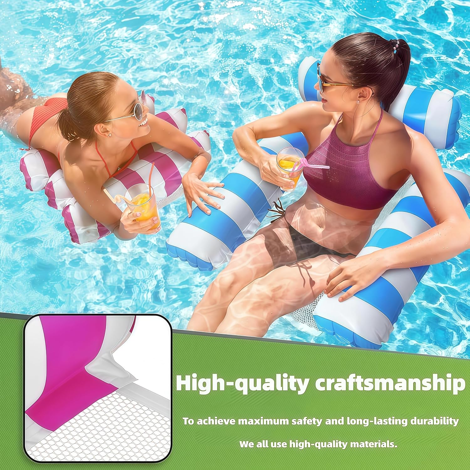 Thumbnail 4 de 3-Pack Inflatable Pool Floats (300 lb Capacity) with 4-in-1 Water Hammock – Lounge, Sit, Drift, and Exercise