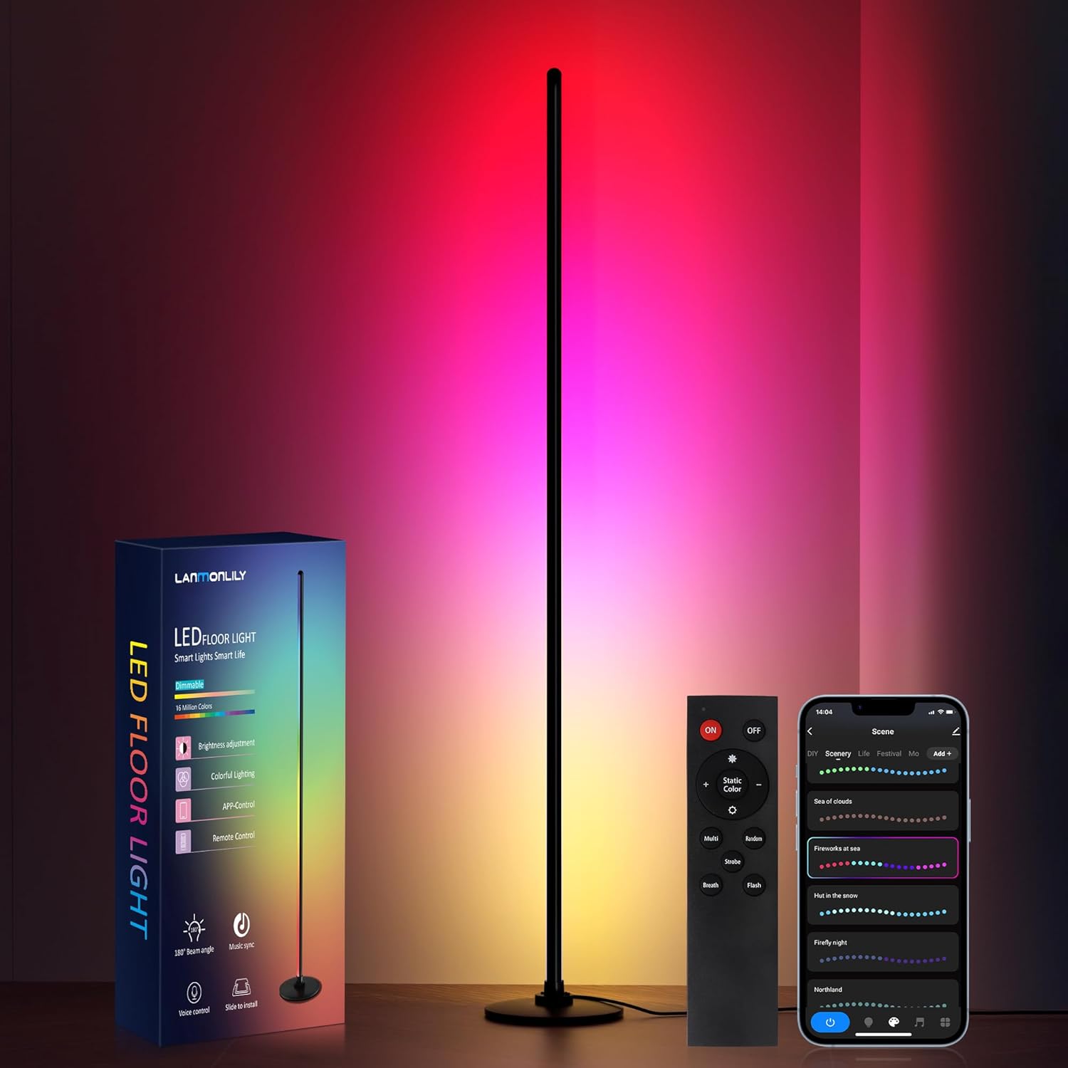 Detalle de Lanmonlily RGBICW LED-golvlampa med Wi-Fi, musikläge och 68 scenlägen