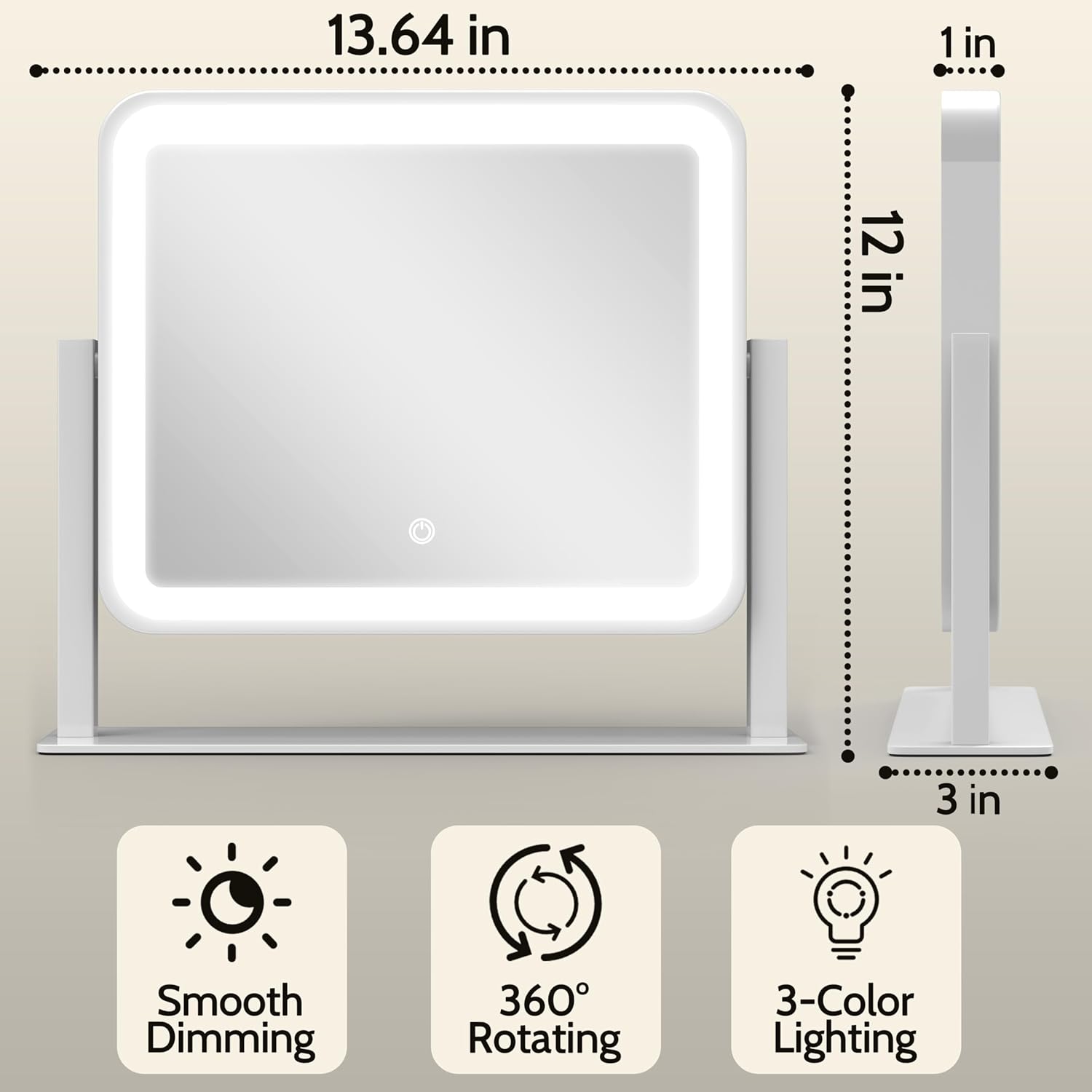 Thumbnail 1 de ROLOVE 14x12 Vanity Mirror with Lights – 360° Rotation, 3 Color Modes & Smart Touch (White)