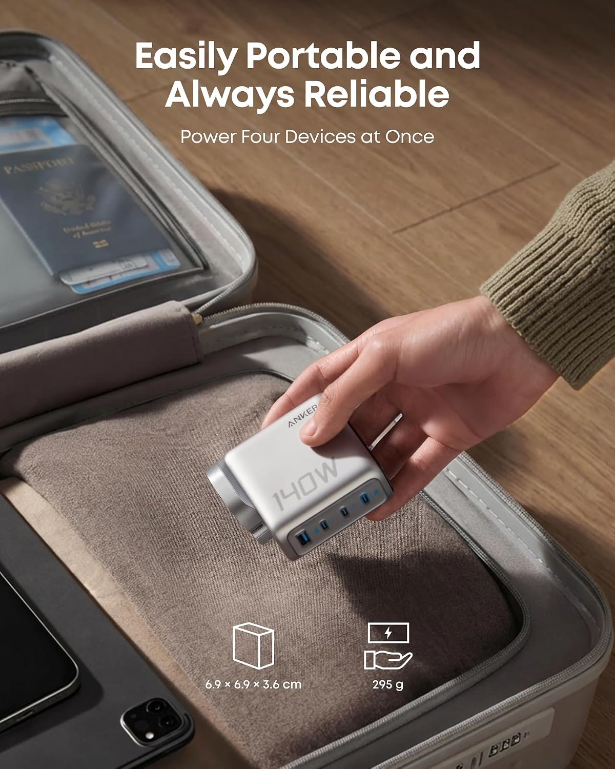 Detalle de Anker 140W USB-C Charger with 4 Ports | GaN Power, Dual USB-C, 18‑month warranty