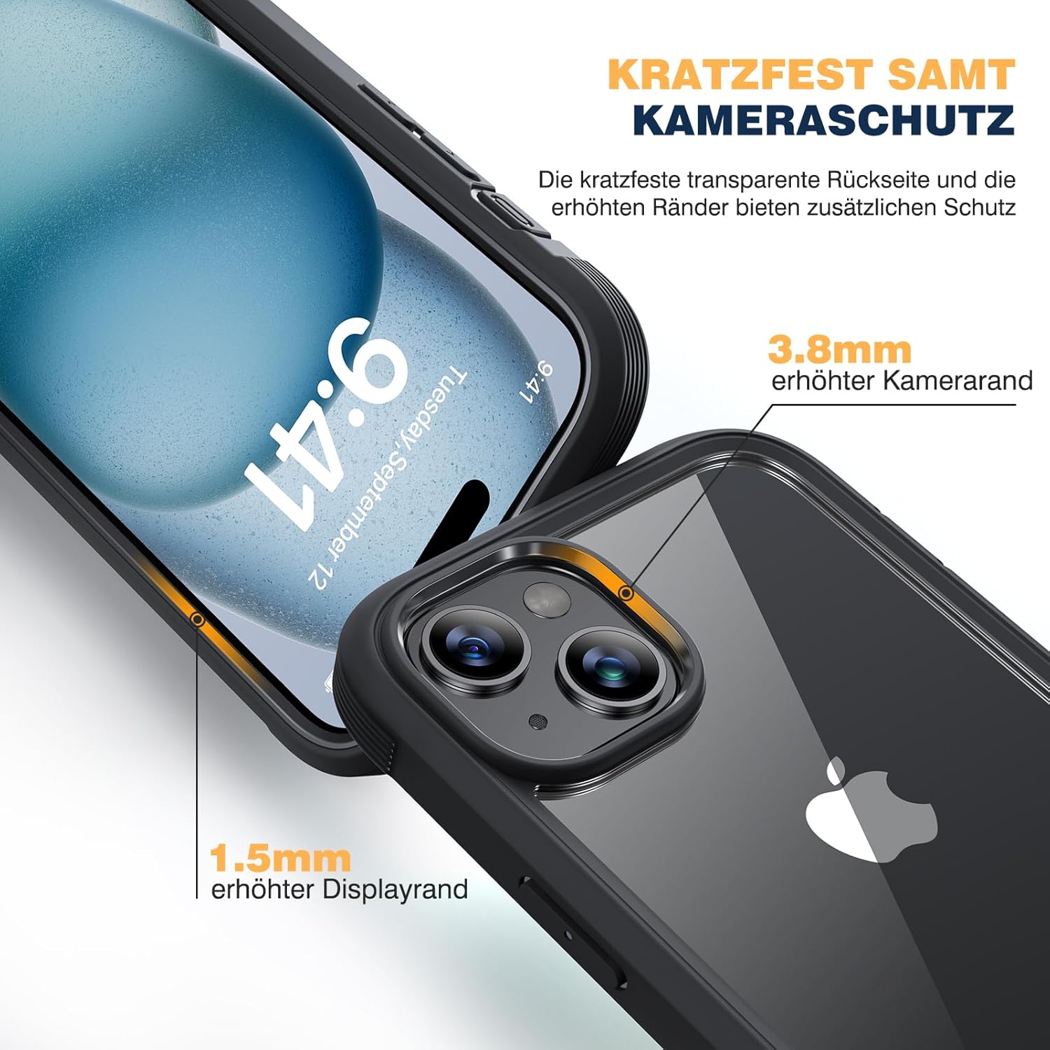 Detalle de Diaclara 360° Hülle für iPhone 15 – Militärschutz, integrierter Displayschutz & Kameraschutz (Schwarz)