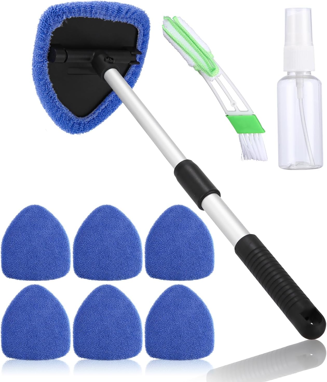 Huifoo Auto-Scheibenreiniger-Set mit ausziehbarem Griff, 180°-Drehkopf, 6 Mikrofaserpads und Sprühflasche (blau)
