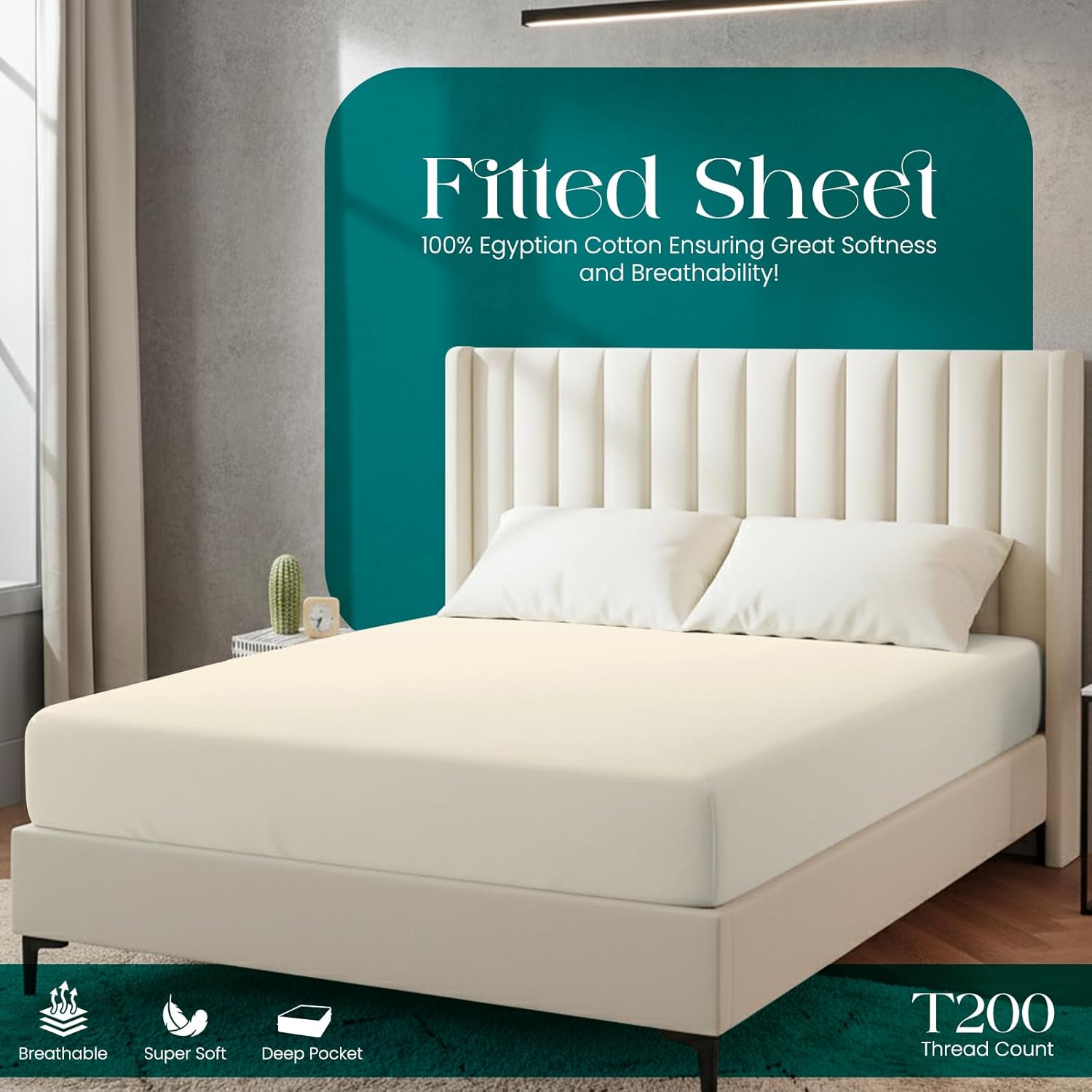 Thumbnail 1 de Linens World Egyptian Cotton fitted sheet (90 x 190cm) – 40cm deep pocket, 200 thread count, cream