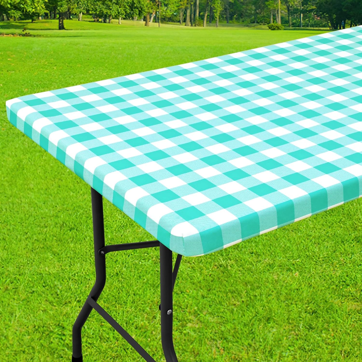Thumbnail 6 de Smiry Square Picnic Table Cloth, Elastic Waterproof Fitted Vinyl with Flannel Backing – 54" x 54" (White/Khaki)