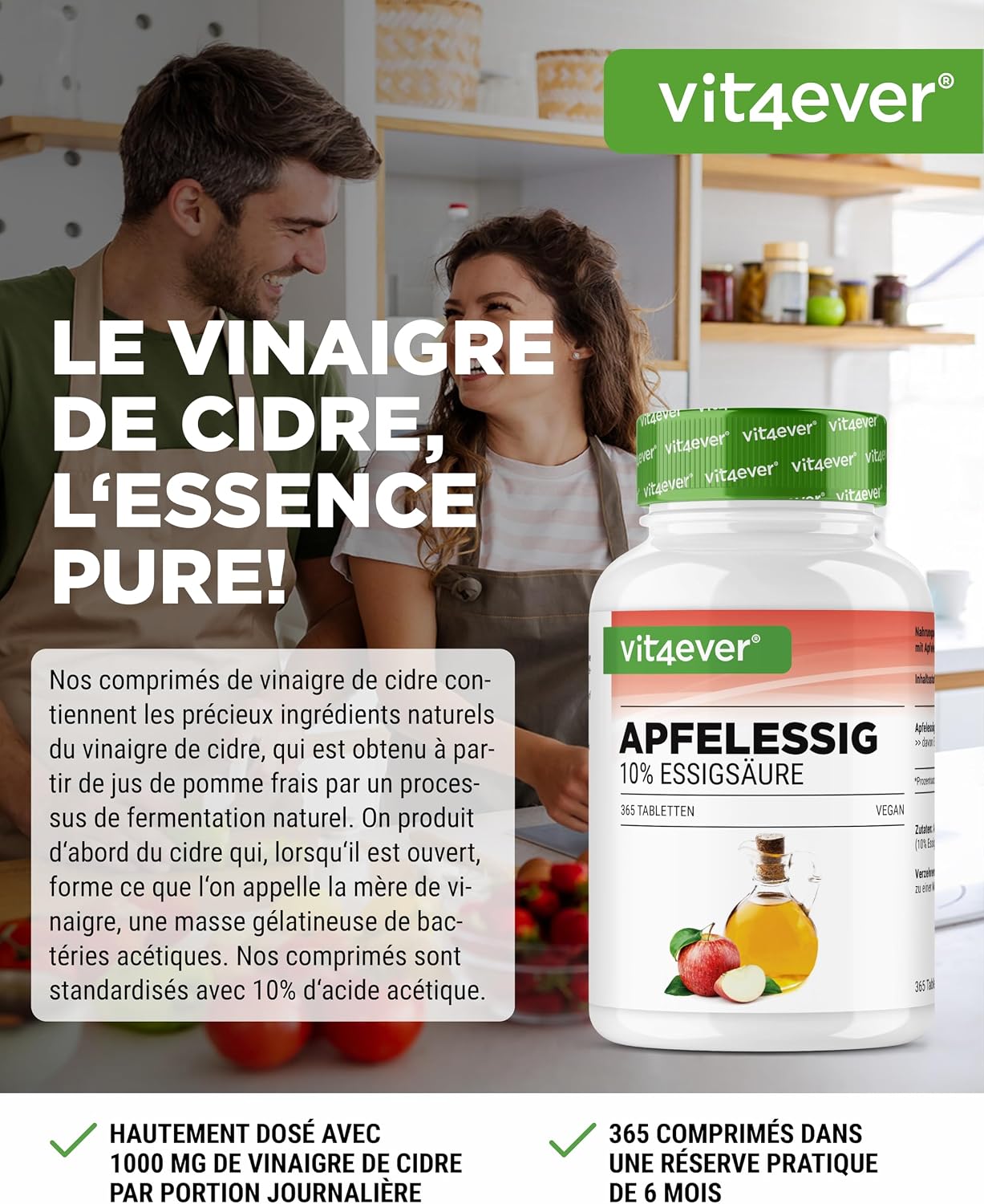 Thumbnail 1 de Vinaigre de cidre en comprimés – 365 comprimés Forte Dose (1000 mg par portion journalière) avec 10% d’acide acétique