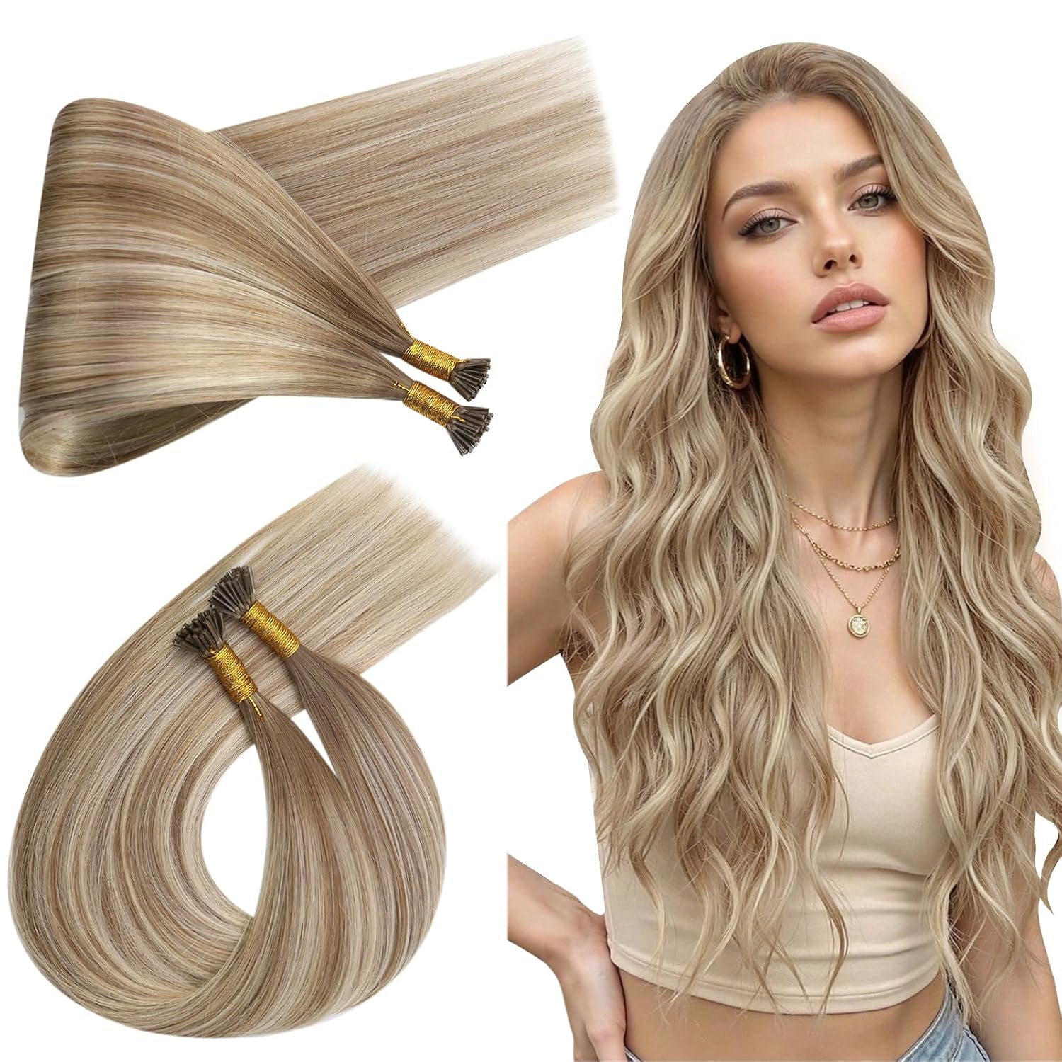 Detalle de Ugeat I-Tip Hair Extensions (Human Hair, Ombre Balayage) — Light Brown Mix Platinum Blonde, 20 Inch, 50S 40G