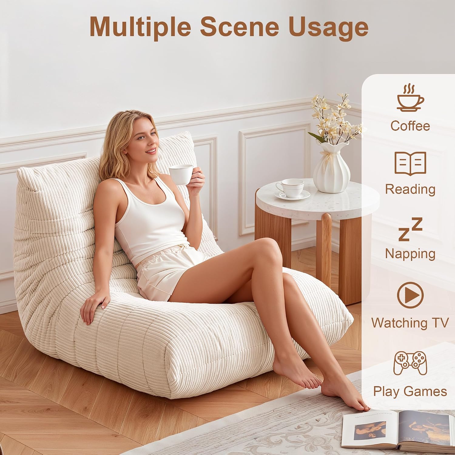 Detalle 1 de ZOOVEE BBC Adult Bean Bag Chair, Oversized Corduroy with Memory Foam, Beige