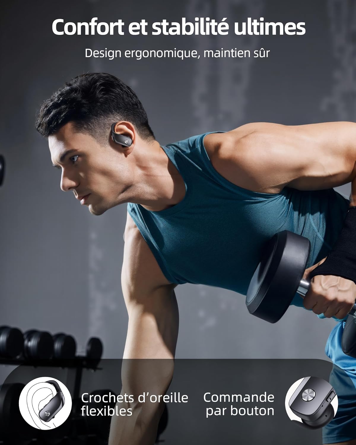 Detalle 2 de ECLVOX Écouteurs Bluetooth sans Fil Sport – 80H d’autonomie, Crochets d’Oreille et Affichage LED