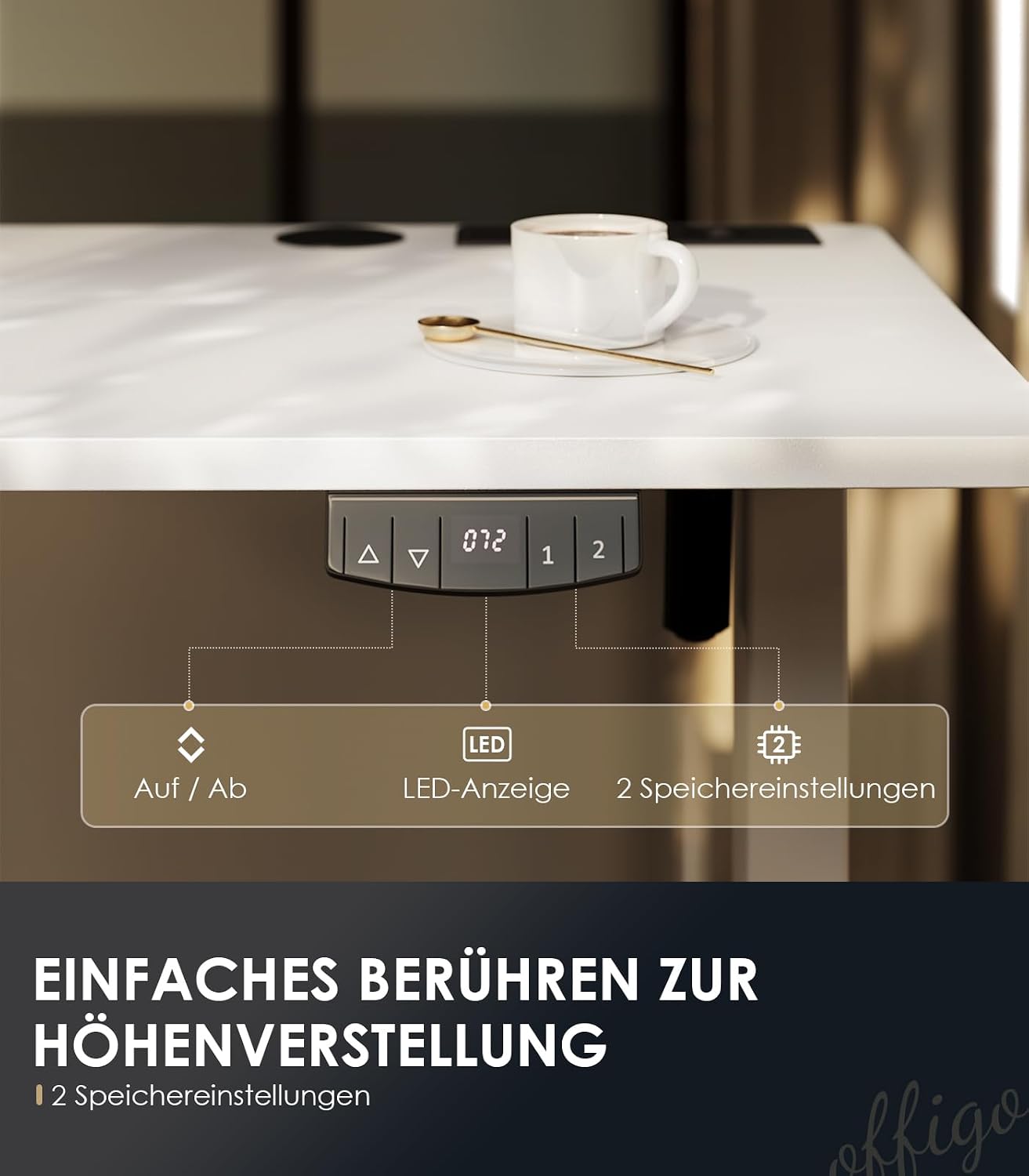 Detalle 2 de OffiGo höhenverstellbarer Schreibtisch 180x80 cm elektrisch mit USB & Steckdosen, 2-Positionen-Speicher