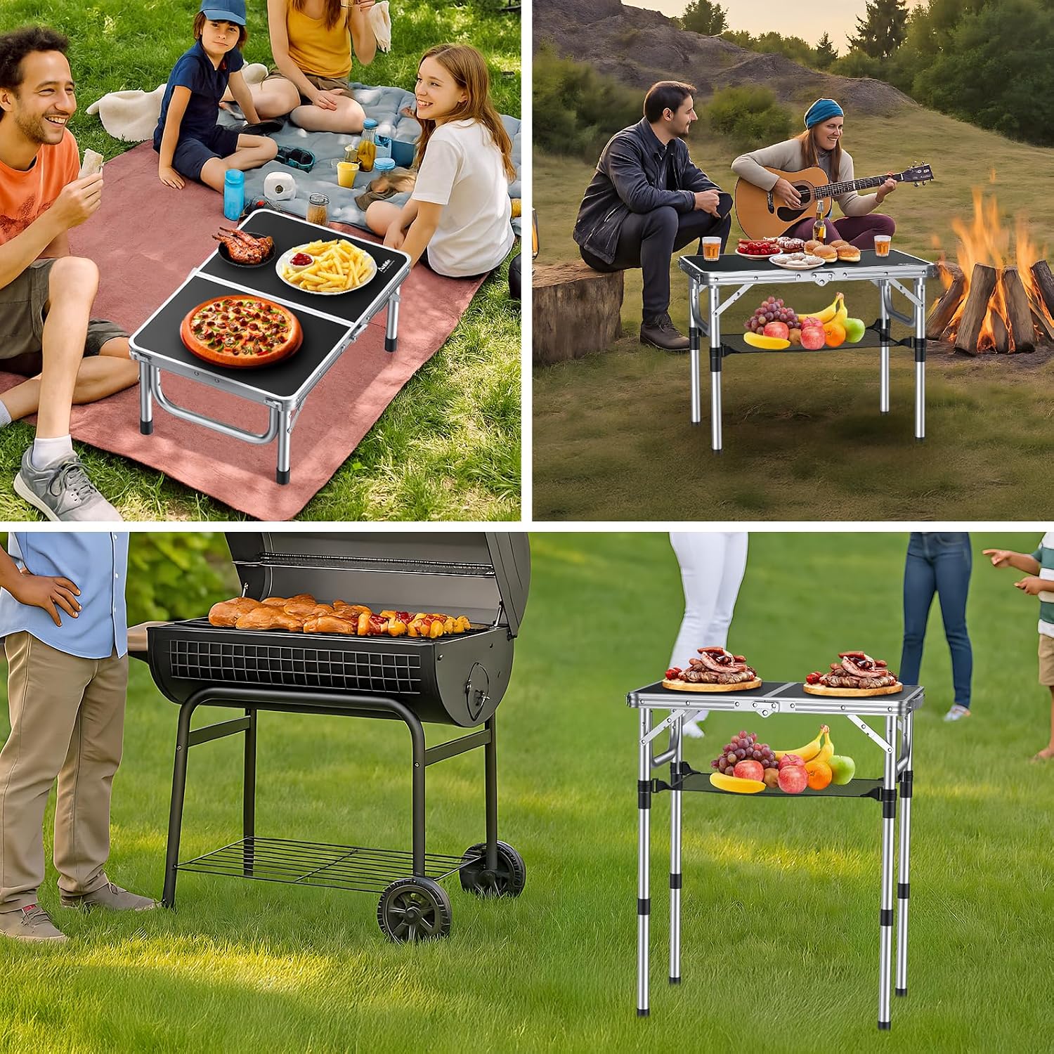 Detalle 1 de Anbte Folding Camping Table with Storage Net (3 adjustable heights) – black, portable outdoor picnic table