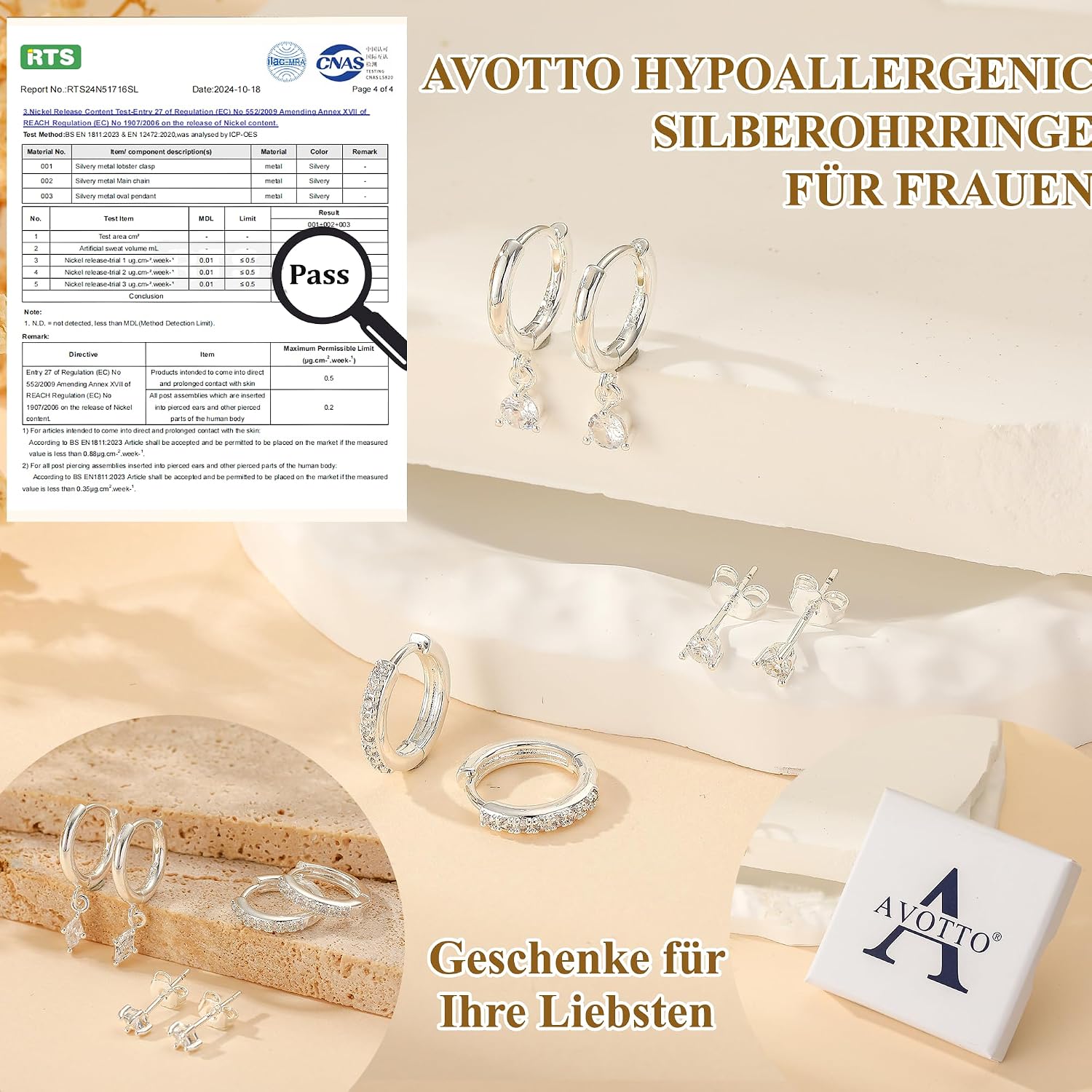 Detalle 2 de AVOTTO 3 Paar Ohrringe Ohrstecker Silber 925 – hypoallergene Huggie Ohrringe mit Zirkonia