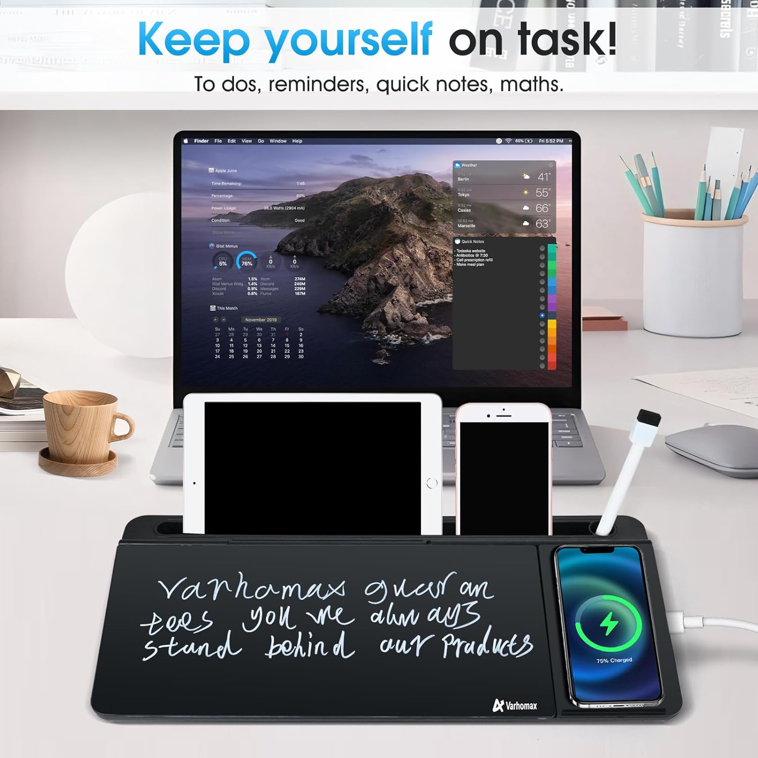 Detalle 2 de Varhomax VDS-WB-24 Glass Desk Whiteboard with Wireless Charging and Storage