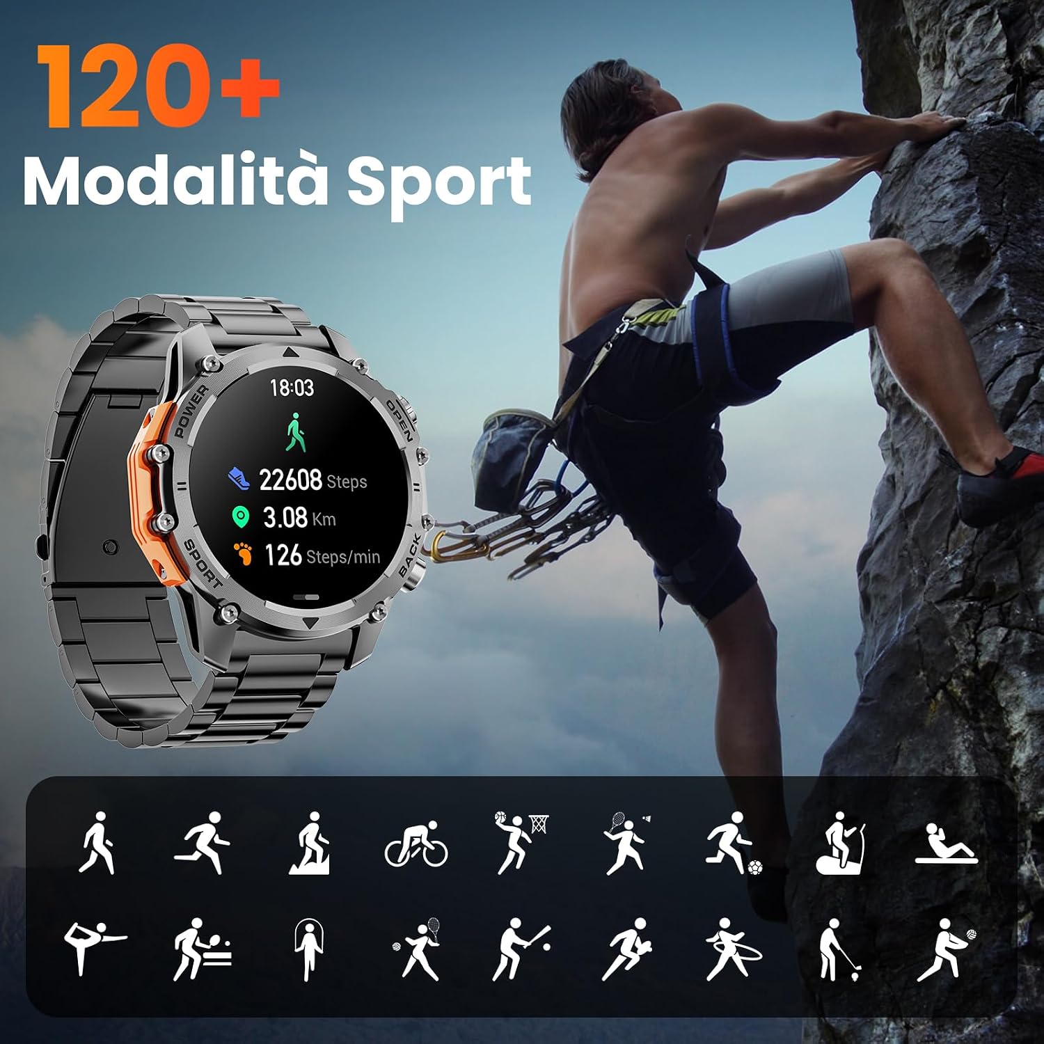 Detalle 2 de Smartwatch Uomo con Torcia Militare 1,52'': stile rugged, 500 mAh e 120+ sport