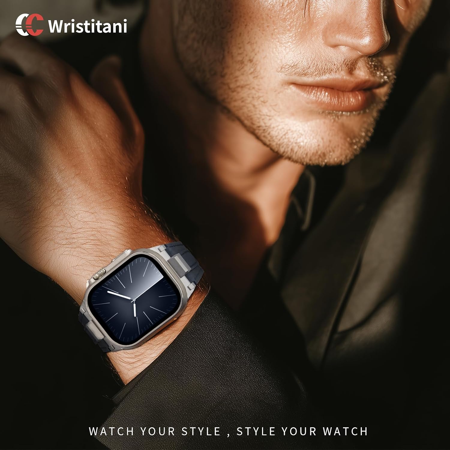 Detalle de Bracelet en cuir Wristitani pour Apple Watch 42–49 mm — compatible Ultra/Series, cuir véritable et patine naturelle