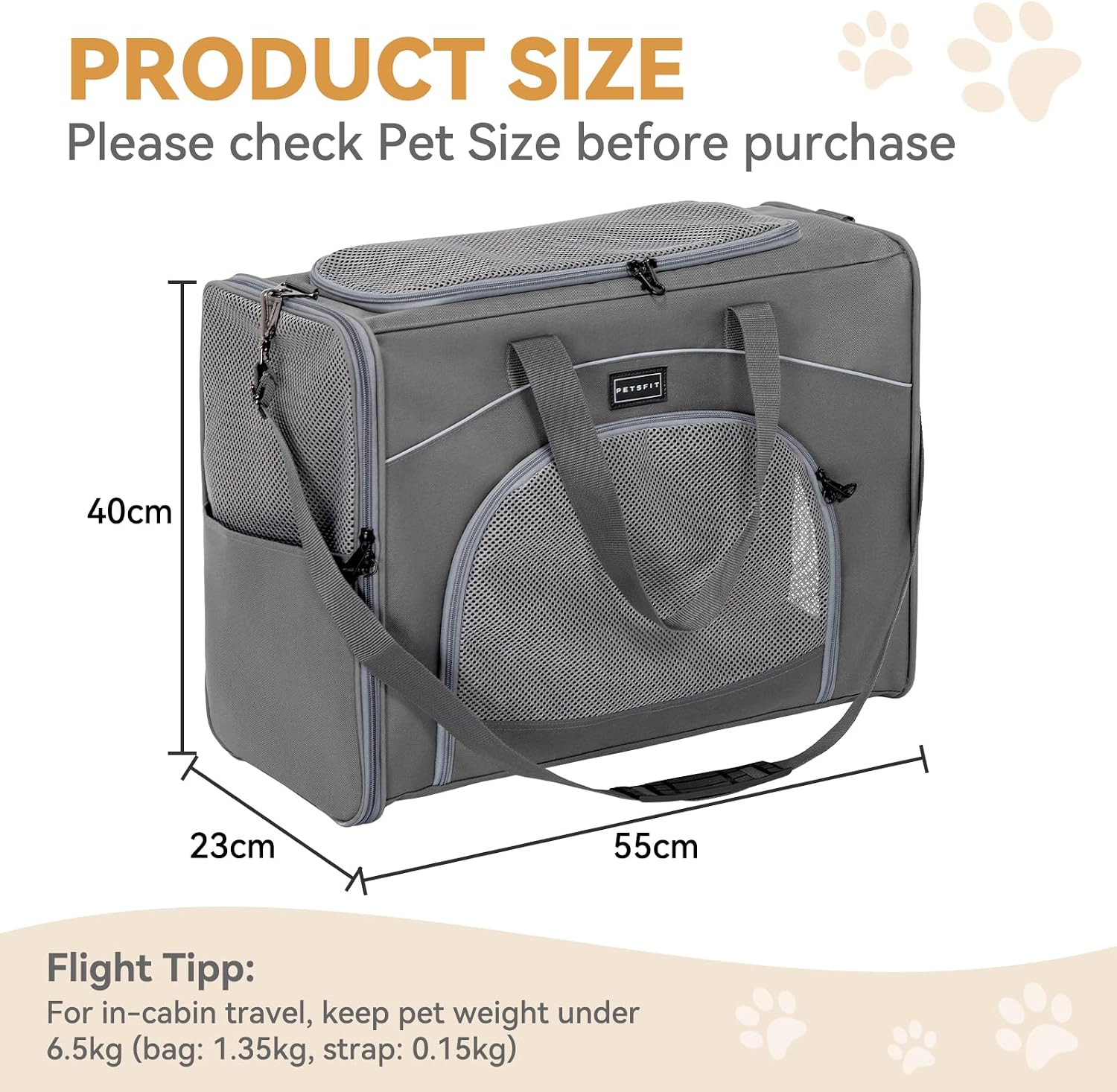 Detalle de Petsfit Hundetasche für Flugzeug & Reise 55x40x23 (bis 13 kg) – Transporttasche für Auto, Bahn und Flug