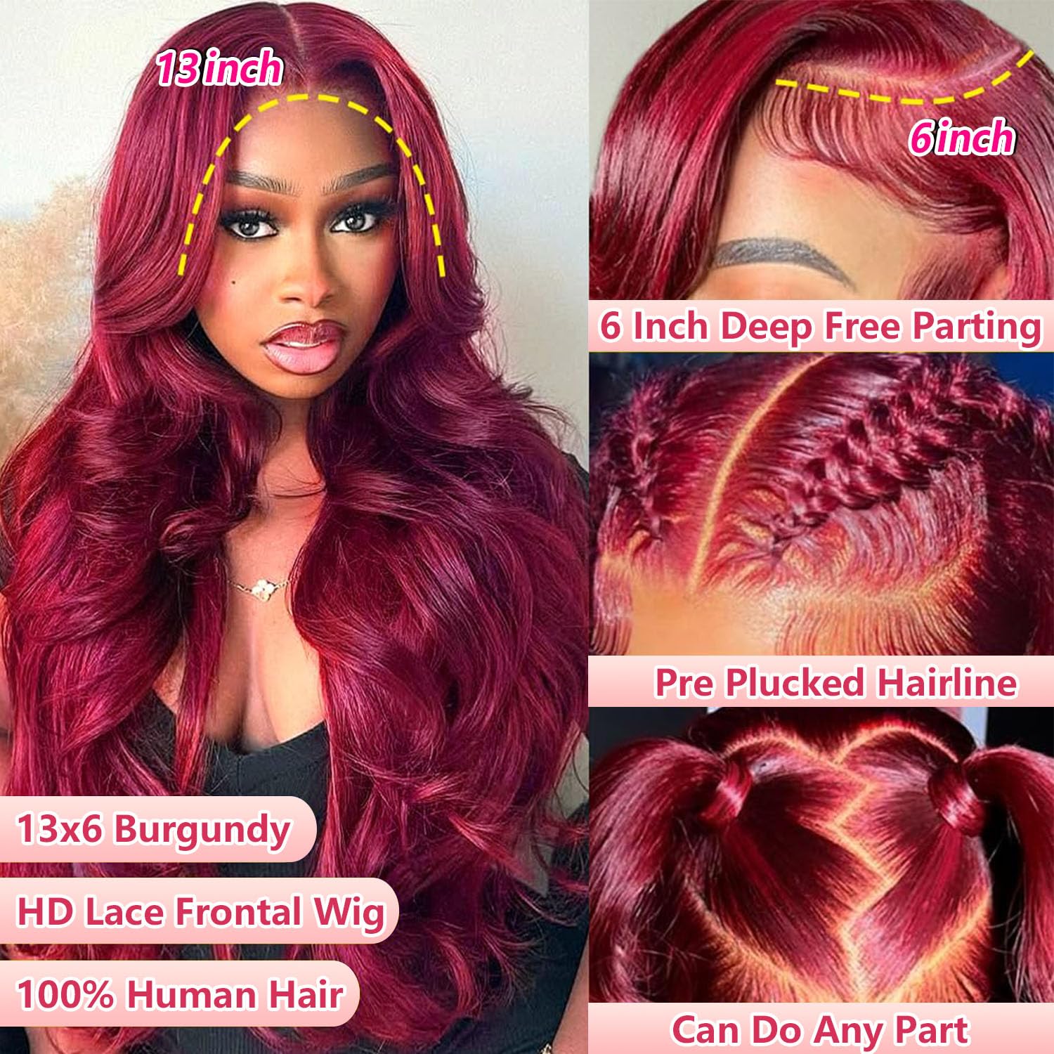 Thumbnail 1 de pidrez 250% Density 28-Inch Burgundy Human Hair 13x6 Lace Front Wig (99J) Body Wave