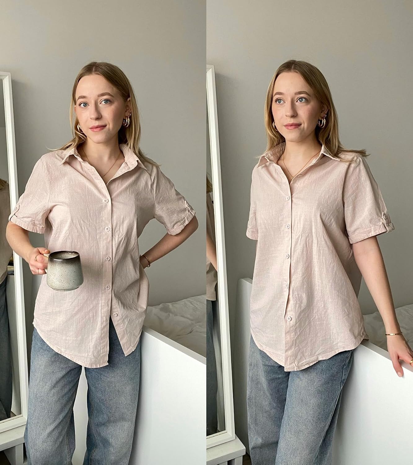 Detalle de Zeagoo Women’s Cotton-Linen Button Down Shirt with Rolled Cuffs (V-Neck, Short Sleeve)