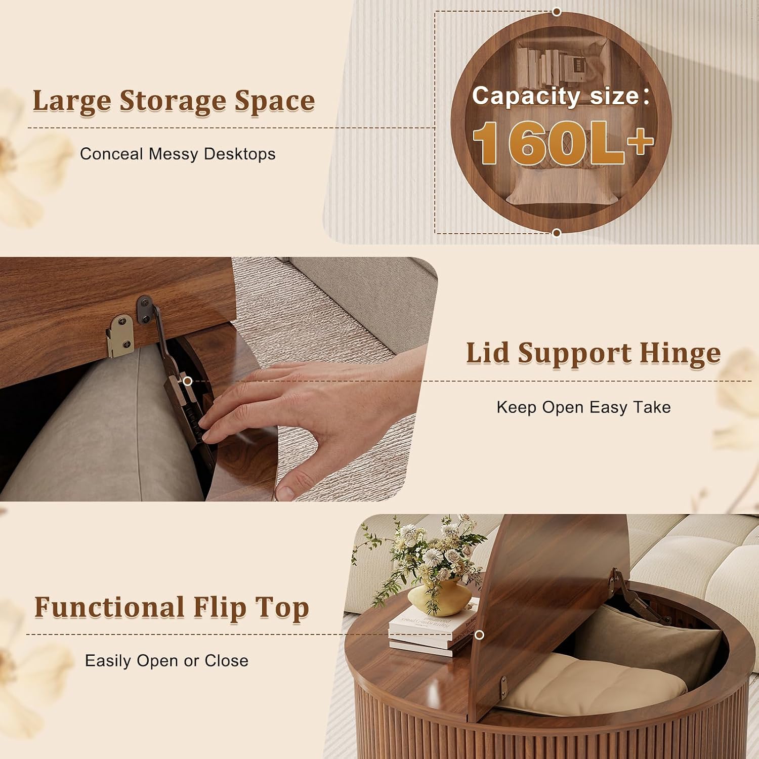 Detalle de LYNCOHOME LHCF172-WN Round Coffee Table, Walnut, Fluted Design with Hidden Storage