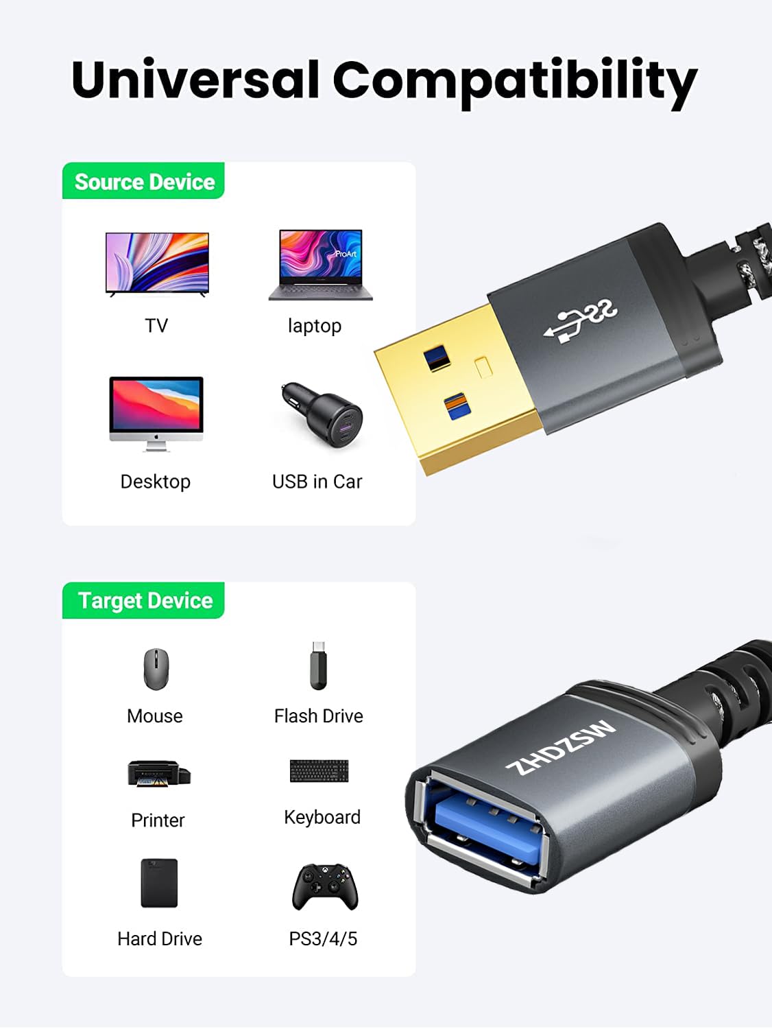 Thumbnail 6 de Kiuet USB 3.0 Verlängerungskabel 3 m, Typ A Stecker auf Buchse – für Tastatur, Maus, Xbox & mehr