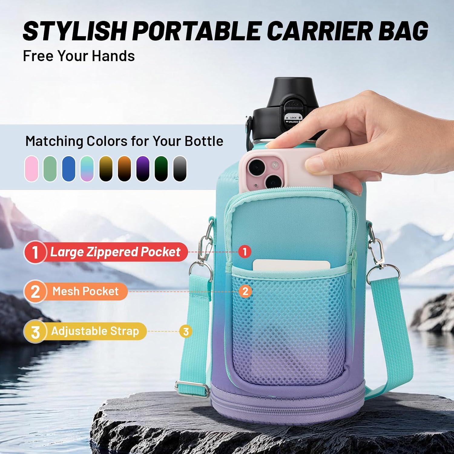 Detalle 2 de WONSYGO 64-GN09 64 oz Insulated Water Bottle with Carrier Bag