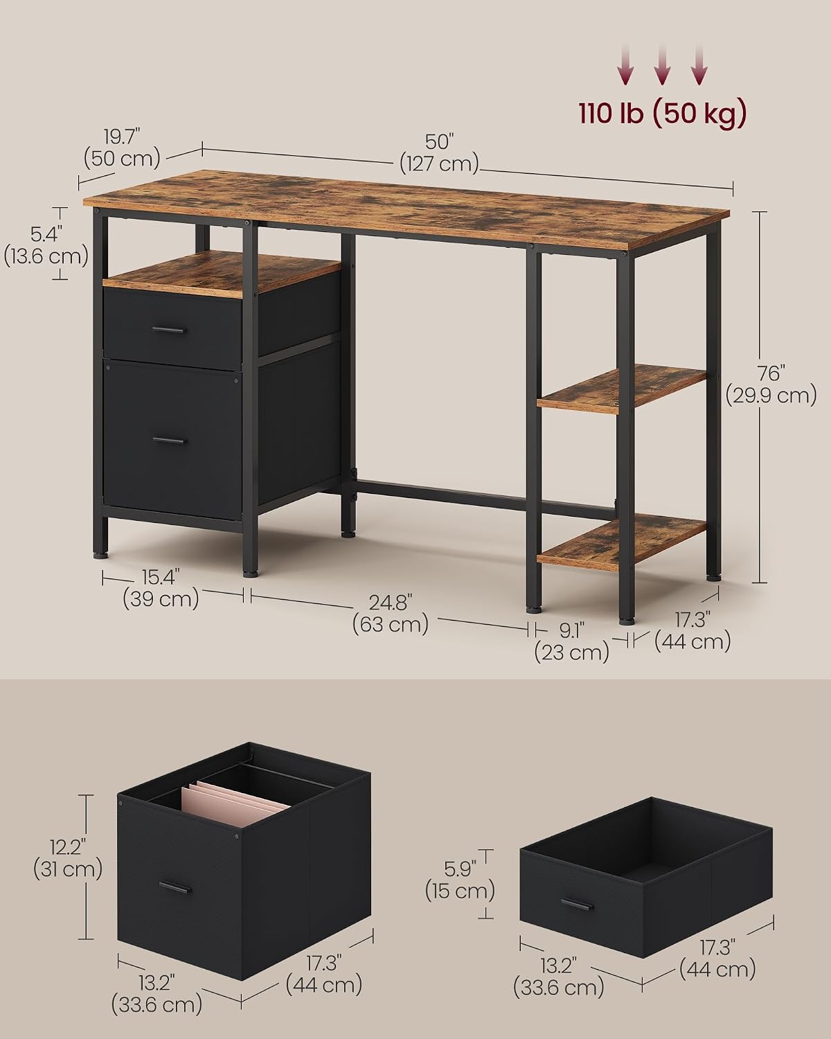 Thumbnail 2 de VASAGLE Computer Desk with Storage (LWD103KD01) – 127 x 50 x 76 cm, Rustic Brown & Matte Black