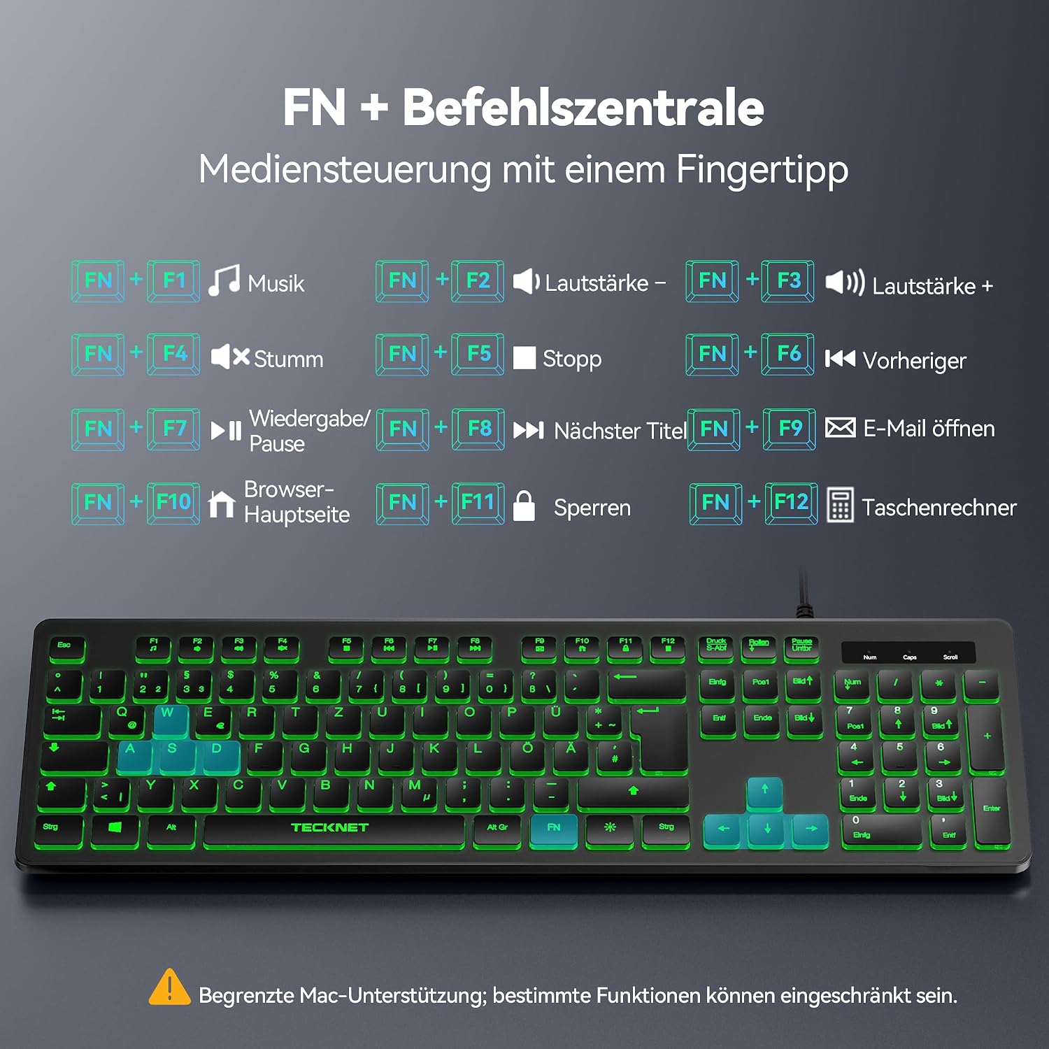 Thumbnail 6 de TECKNET kabelgebundene USB-Tastatur mit 7-Farben RGB-Hintergrundbeleuchtung, Deutsches QWERTZ Vollgröße, spritzwassergeschützt und leise