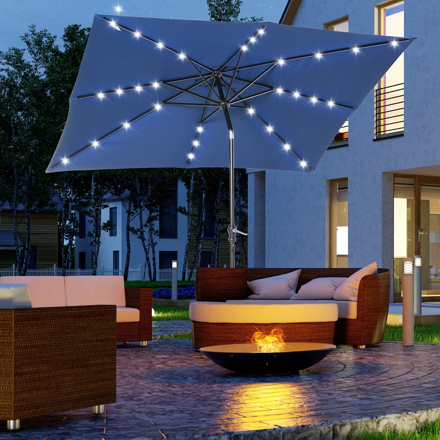 Thumbnail 1 de Outsunny Parasol de jardin droit LED 3 x 2 m avec éclairage solaire – Rectangulaire inclinable en bleu