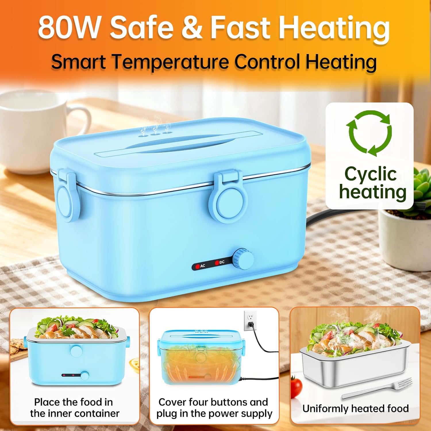 Detalle 2 de Mangoin Heated Electric Lunch Box for Adults, 80W Portable Food Warmer (1.8L Stainless Steel) with Car/Home Flexibility