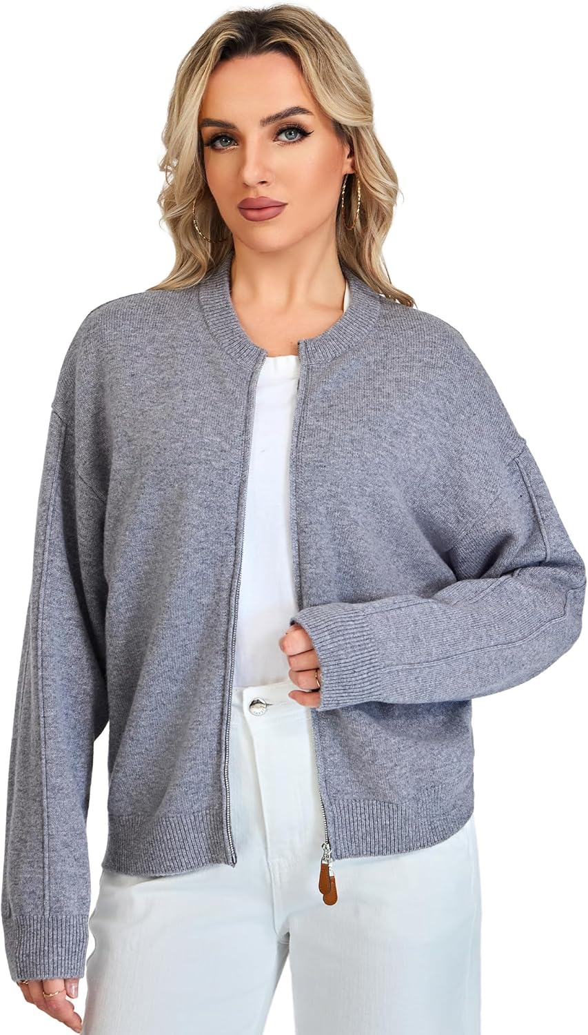 Thumbnail 3 de VETLURY Damen-Strickjacke aus 100% Merinowolle mit Doppelreißverschluss (Rundhals Cardigan) für die Übergangszeit