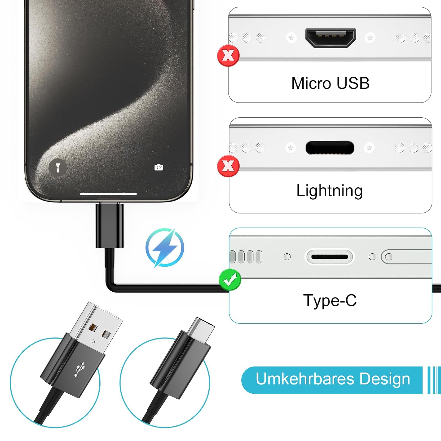 Thumbnail 4 de ANSEIP USB C Ladekabel 1M – CarPlay Kabel für iPhone 15/16, USB-A zu USB-C, kompatibel auch mit iPad & Co.