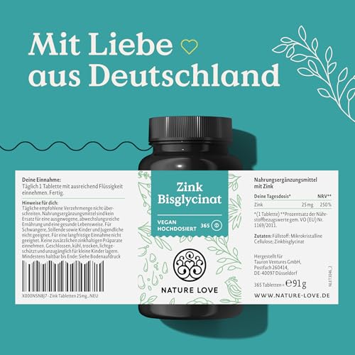 Thumbnail 6 de NATURE LOVE® Zink - 365 Tabletten (1 Jahr) Hochdosiert 25 mg Zink-Bisglycinat – vegan, laborgeprüft, in Deutschland entwickelt