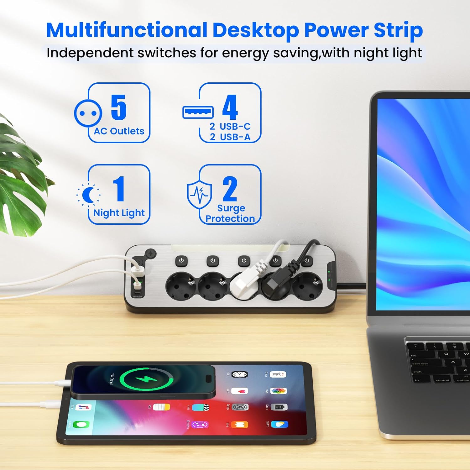 Thumbnail 1 de AONOKA 5-voudige hoekstekkerdoos met USB-C, schakelaars en 2 m kabel