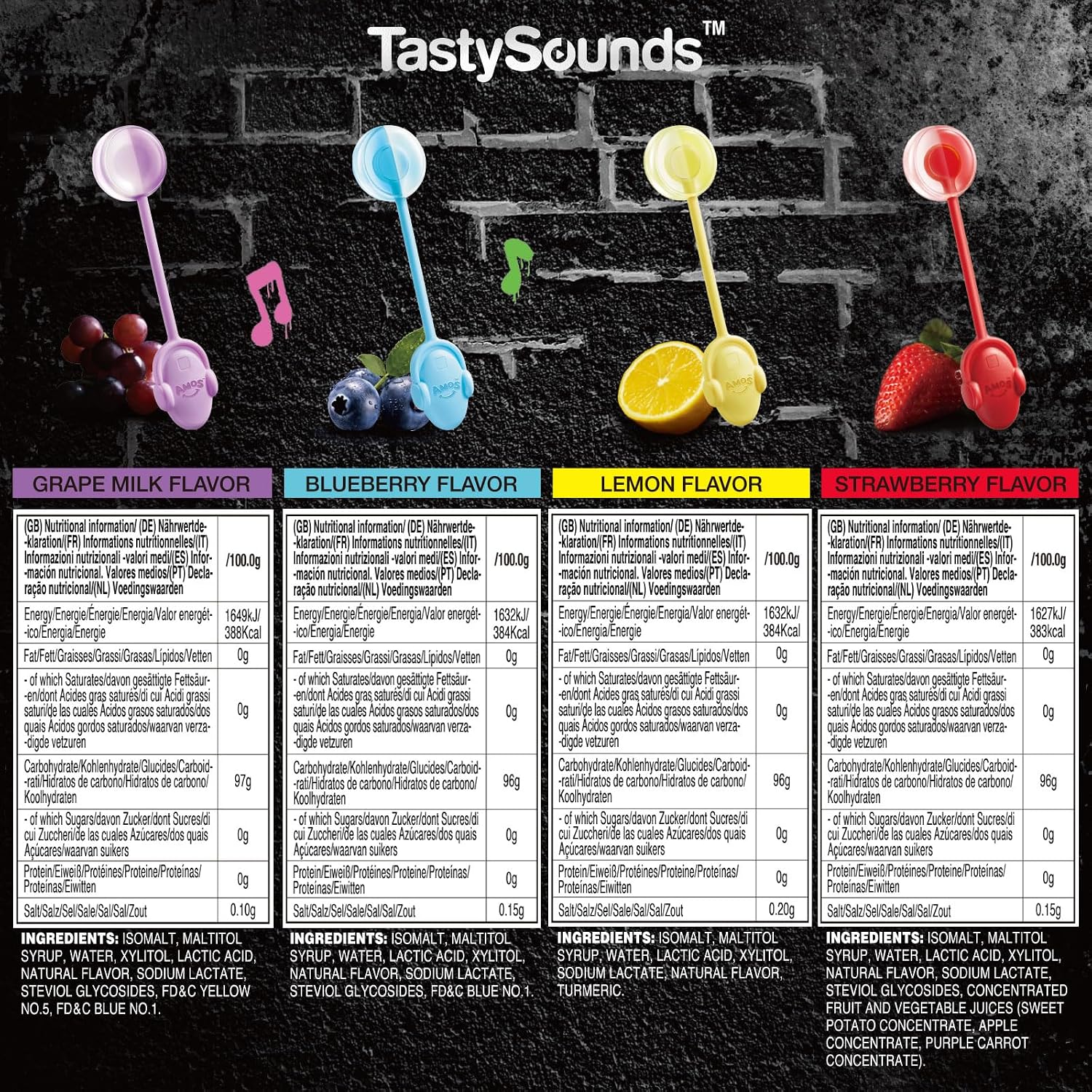 Detalle 2 de AMOS Musik-Lutscher Audio Lollipop 4er-Set (Erdbeere, Traube, Blaubeere, Zitrone) – zuckerfrei, glutenfrei, einzeln verpackt