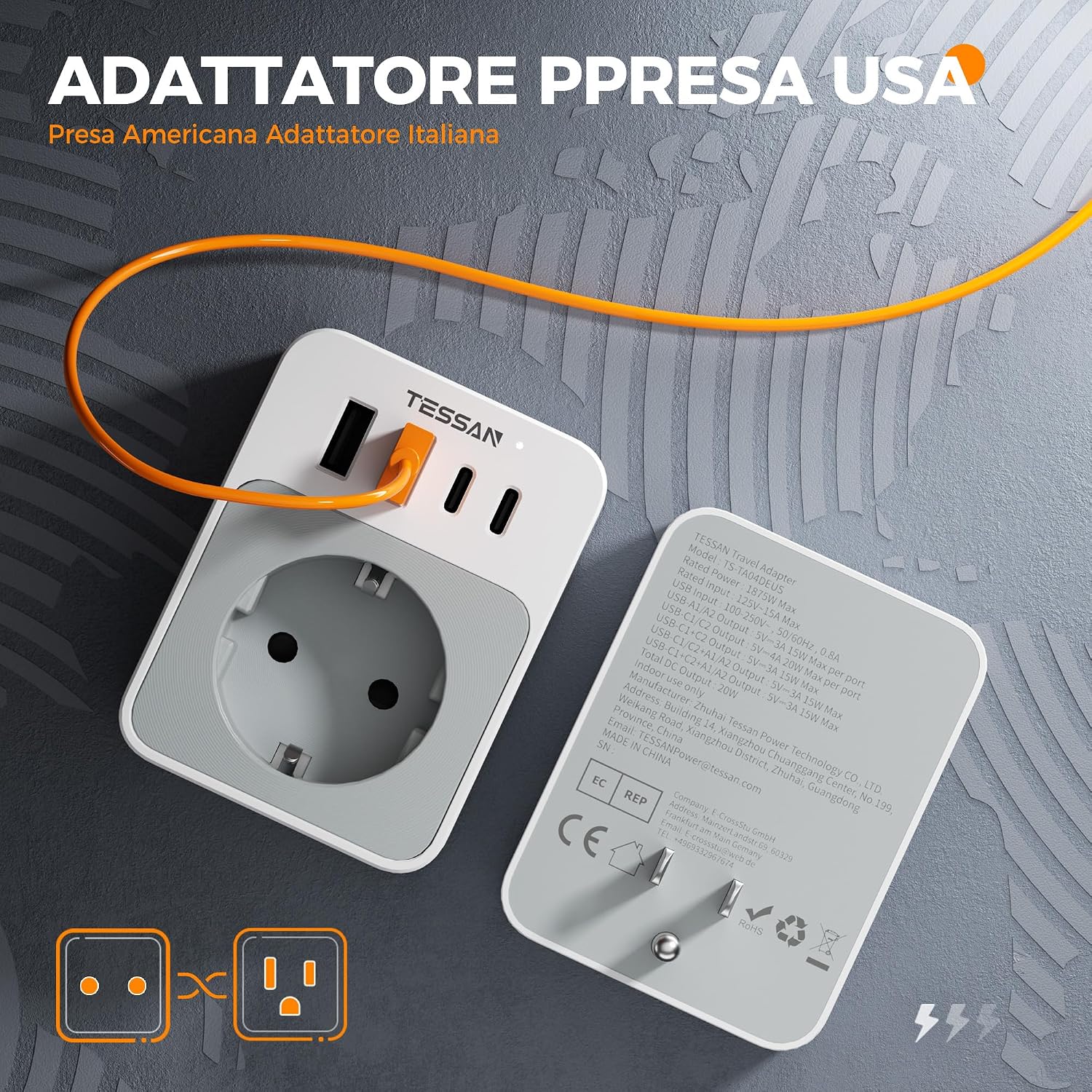 Detalle 2 de TESSAN Adattatore Presa Americana 1875W 🔌