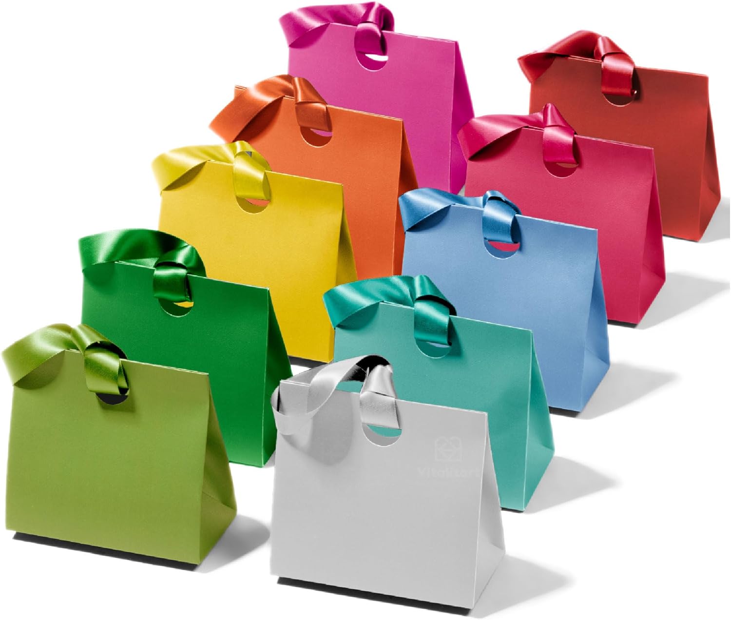 Vitalizart Paper Gift Bags With Ribbon Handles – Set of 10 Assorted Colors (7.87" x 3.54" x 7.09")