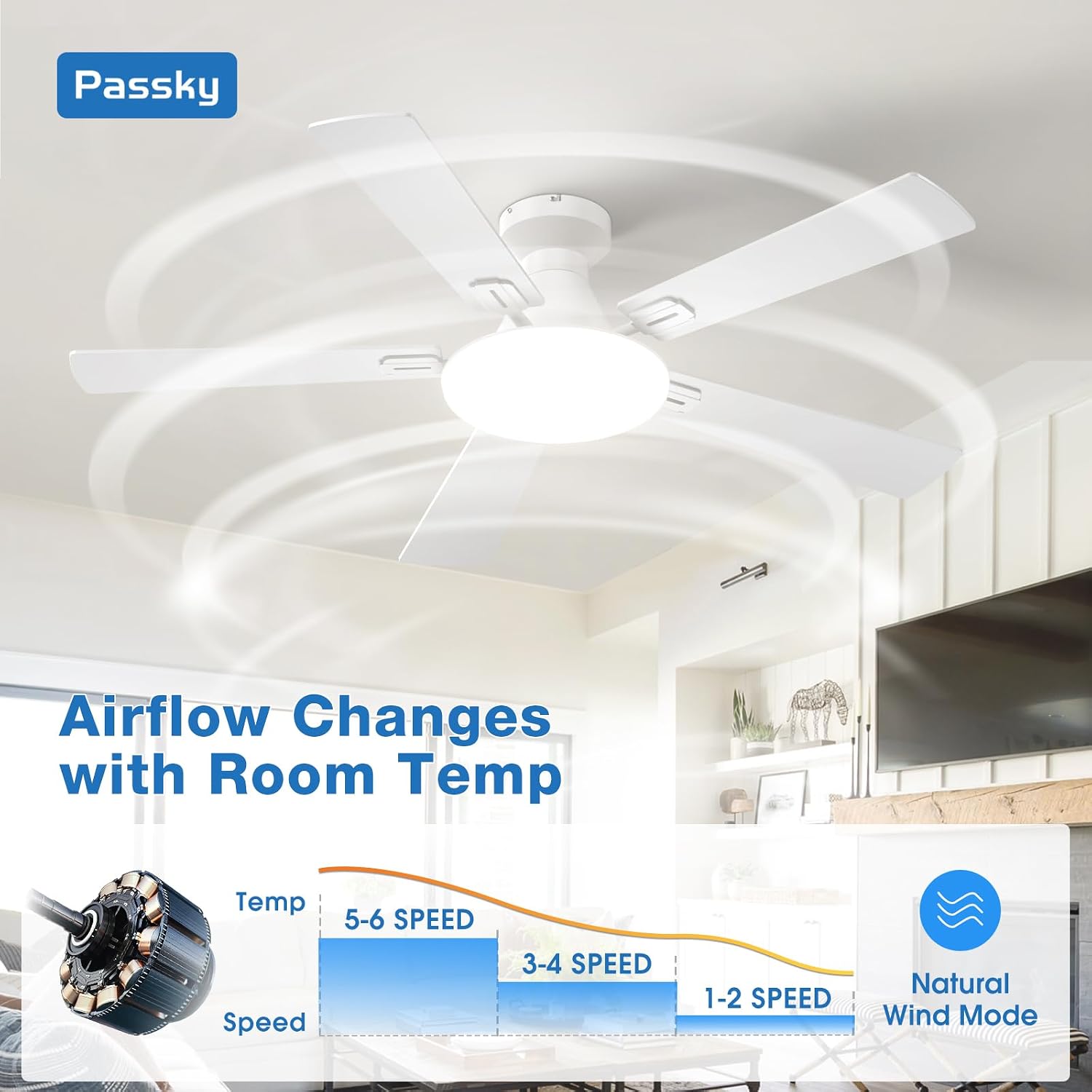 Detalle de Passky ceiling fan with light, 52-inch