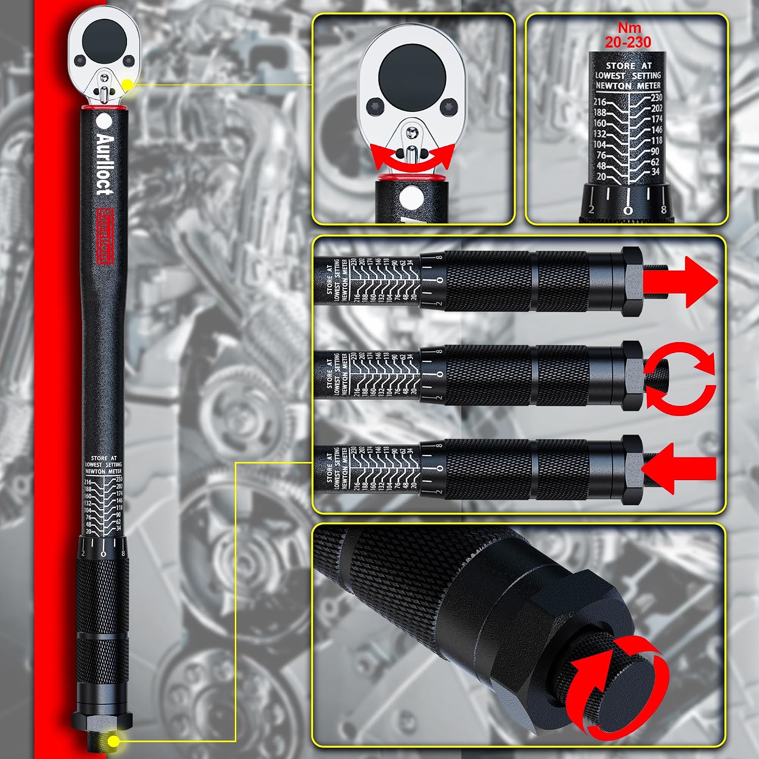 Thumbnail 4 de Aurlloct 1/2" Drehmomentschlüssel-Set 20–230 Nm (6-teilig) inkl. Verlängerungsstange & Adapter