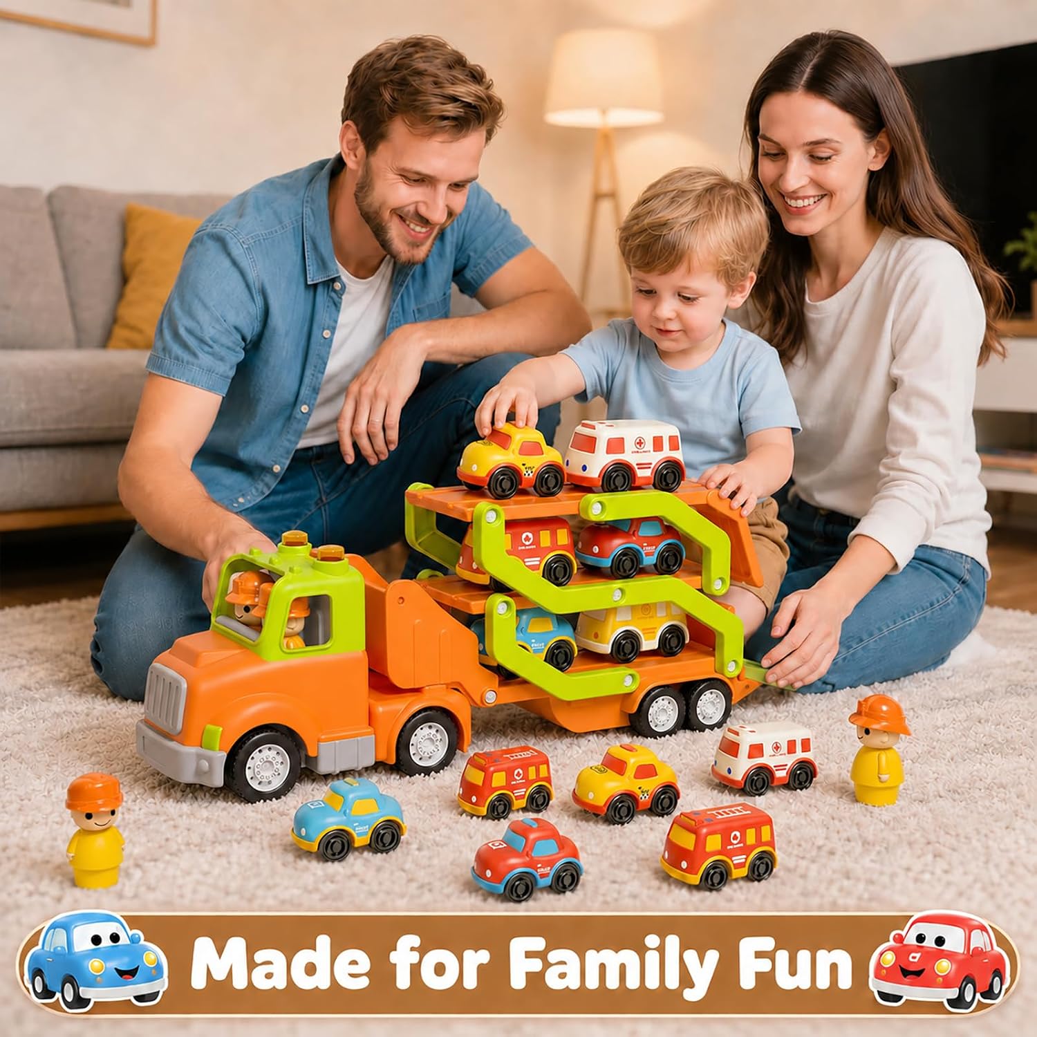 Thumbnail 3 de Veslier 9-in-1 Transport Trailer Toy Set for Toddlers (2–5 Years) With 6 Mini Cars, Foldable 30in Track Trailer, Lights & Sounds