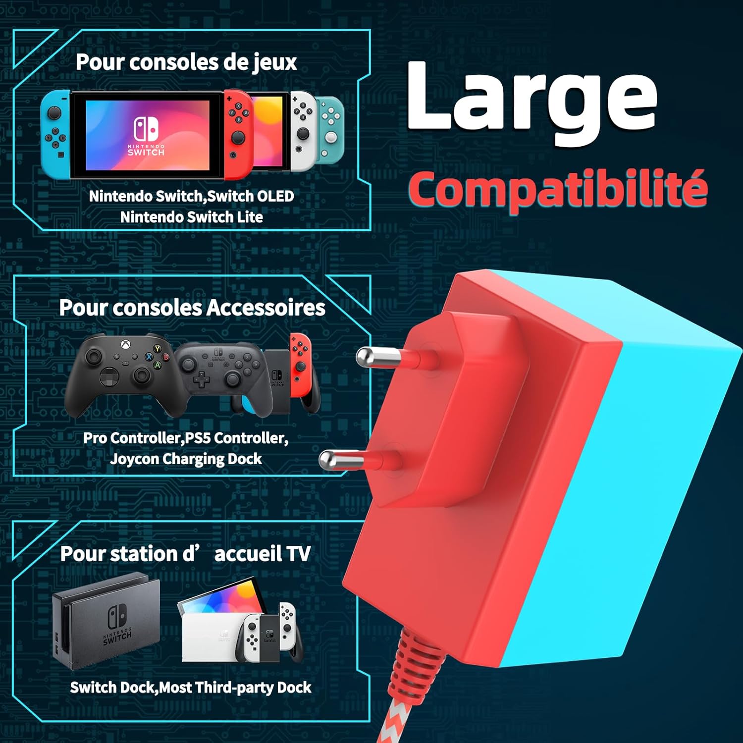 Detalle de Etssembo Chargeur Switch 15V 2,6A — Adaptateur Secteur USB‑C pour Switch Lite / Switch OLED / Switch
