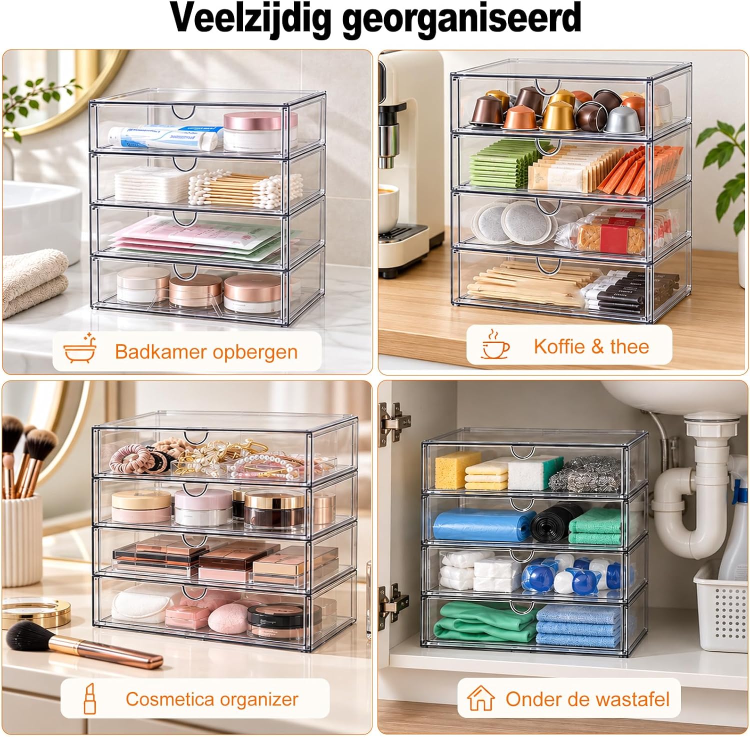 Thumbnail 6 de SortNStore LC029 make-uporganizer met 4 laden, stapelbaar en transparant