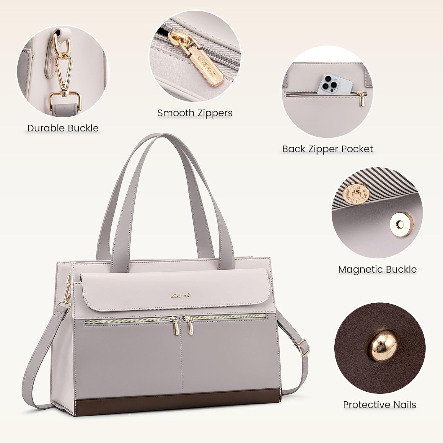 Detalle de LOVEVOOK 15.6 Inch Women's Laptop Bag with Clutch: PU Leather, Water‑Resistant Work Tote