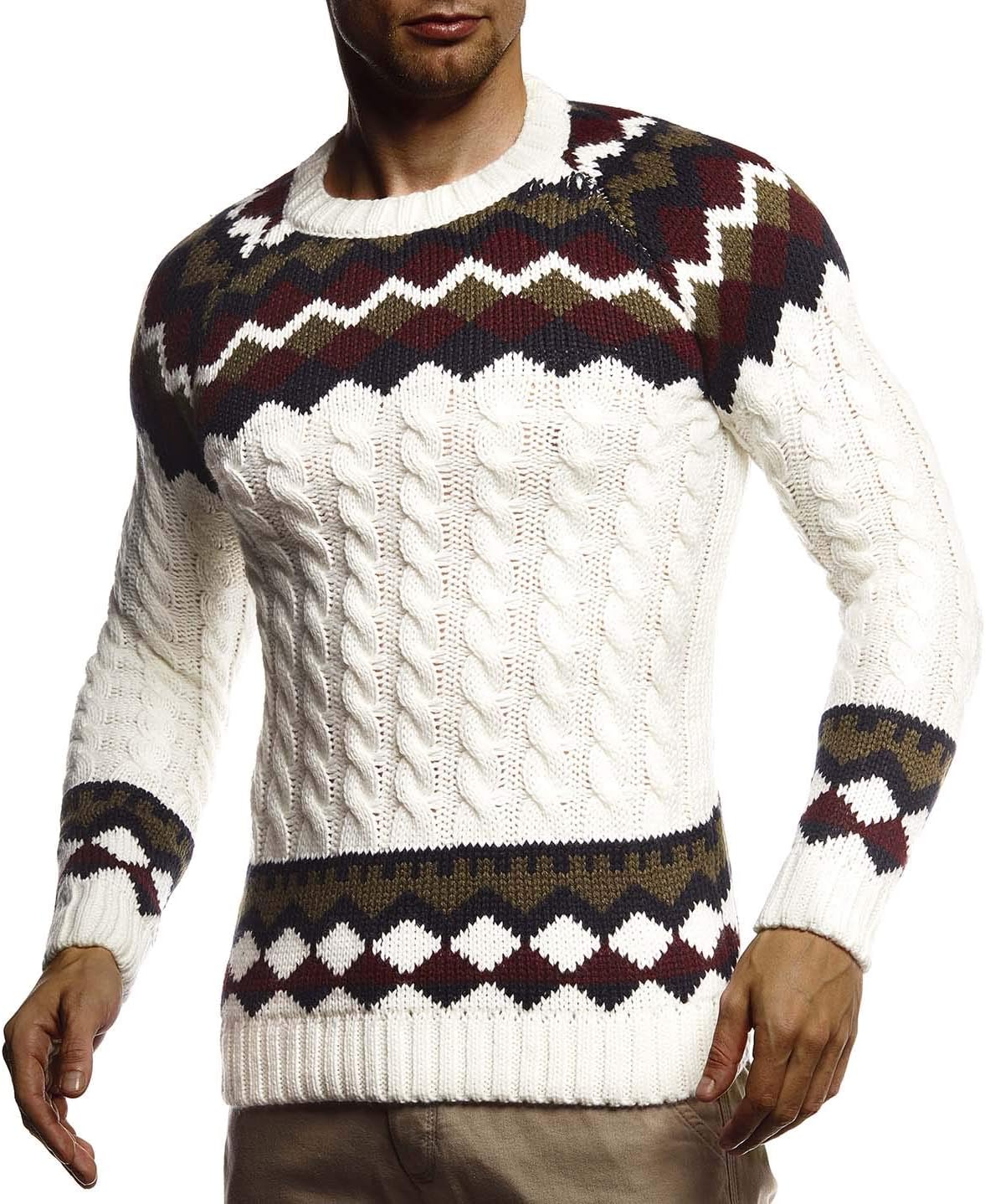 Detalle de Leif Nelson LN20757 pull norvégien en tricot homme à col rond, motif nordique et coupe ajustée